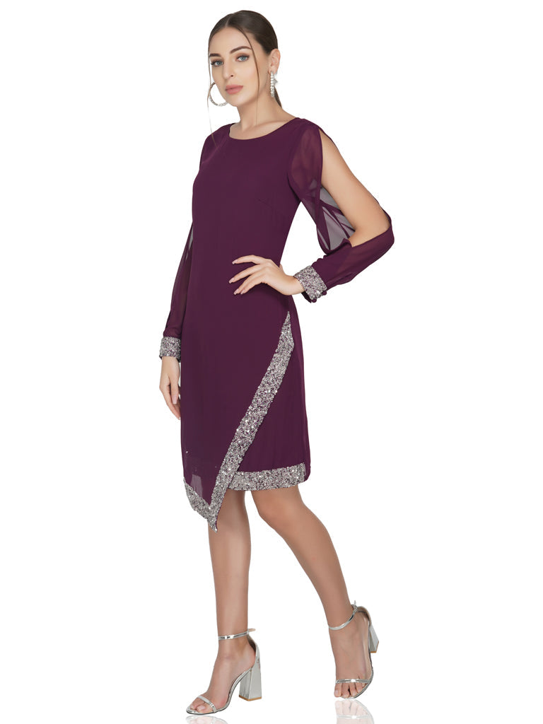 attic curves asymmetric hem cold sleeve dress  