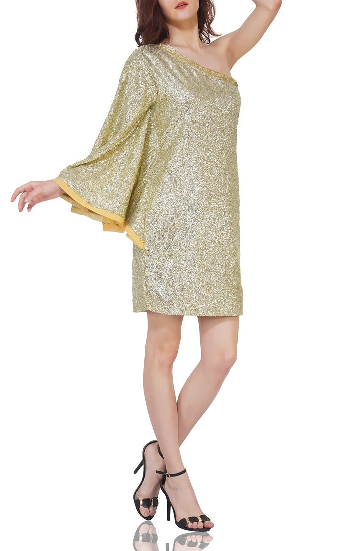 one shoulder golden sequin drama dress