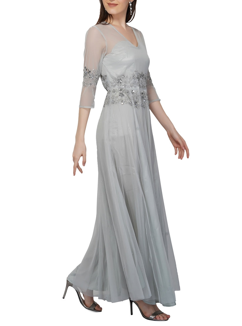 silver beaded tulle gown