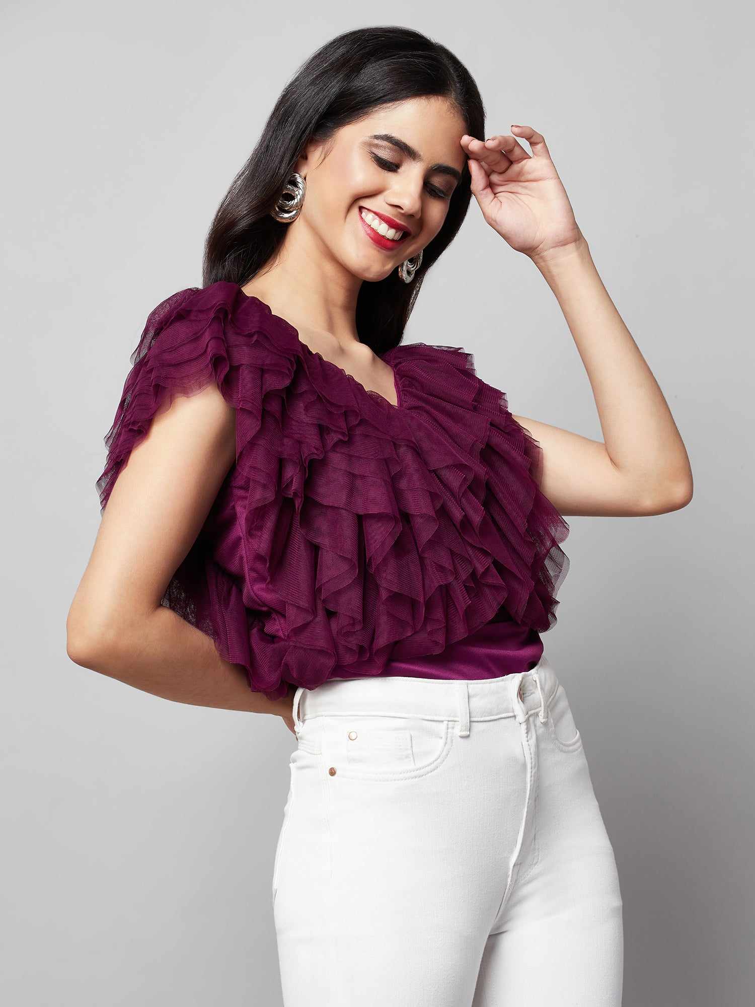 vacay multi layer wine ruffle bodysuit