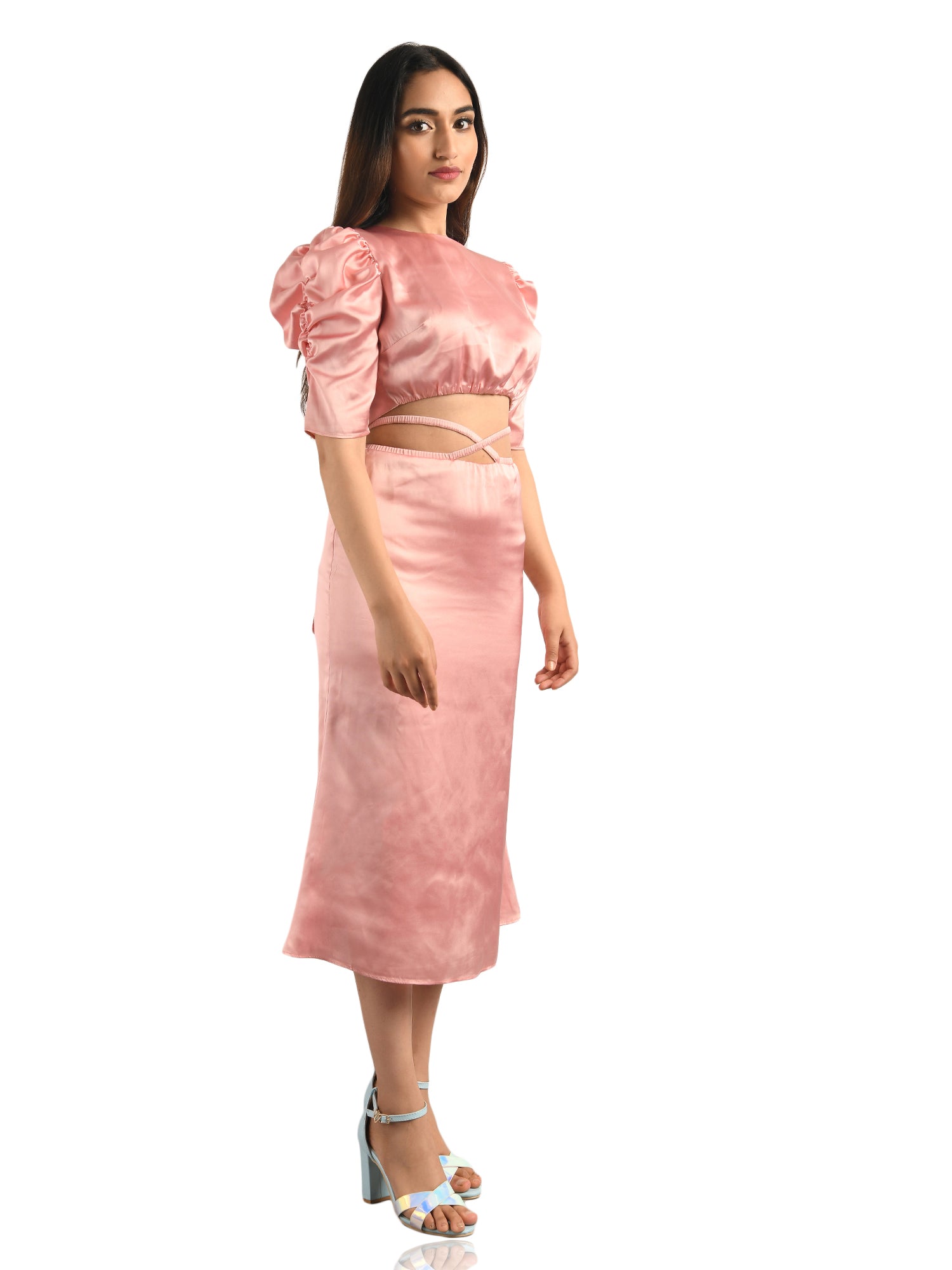 pink backless tie with detail fishtail hem cord set