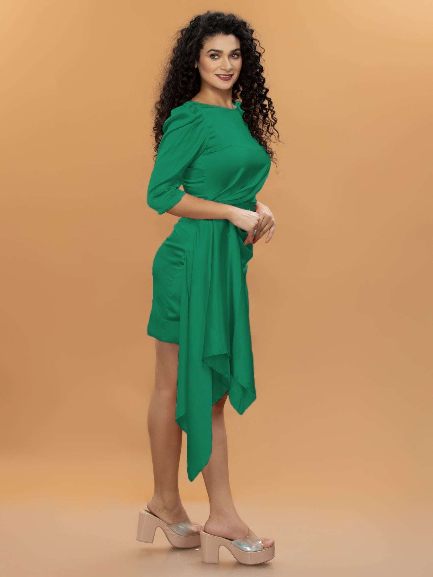 green draped wrap effect turquoise satin mini dress