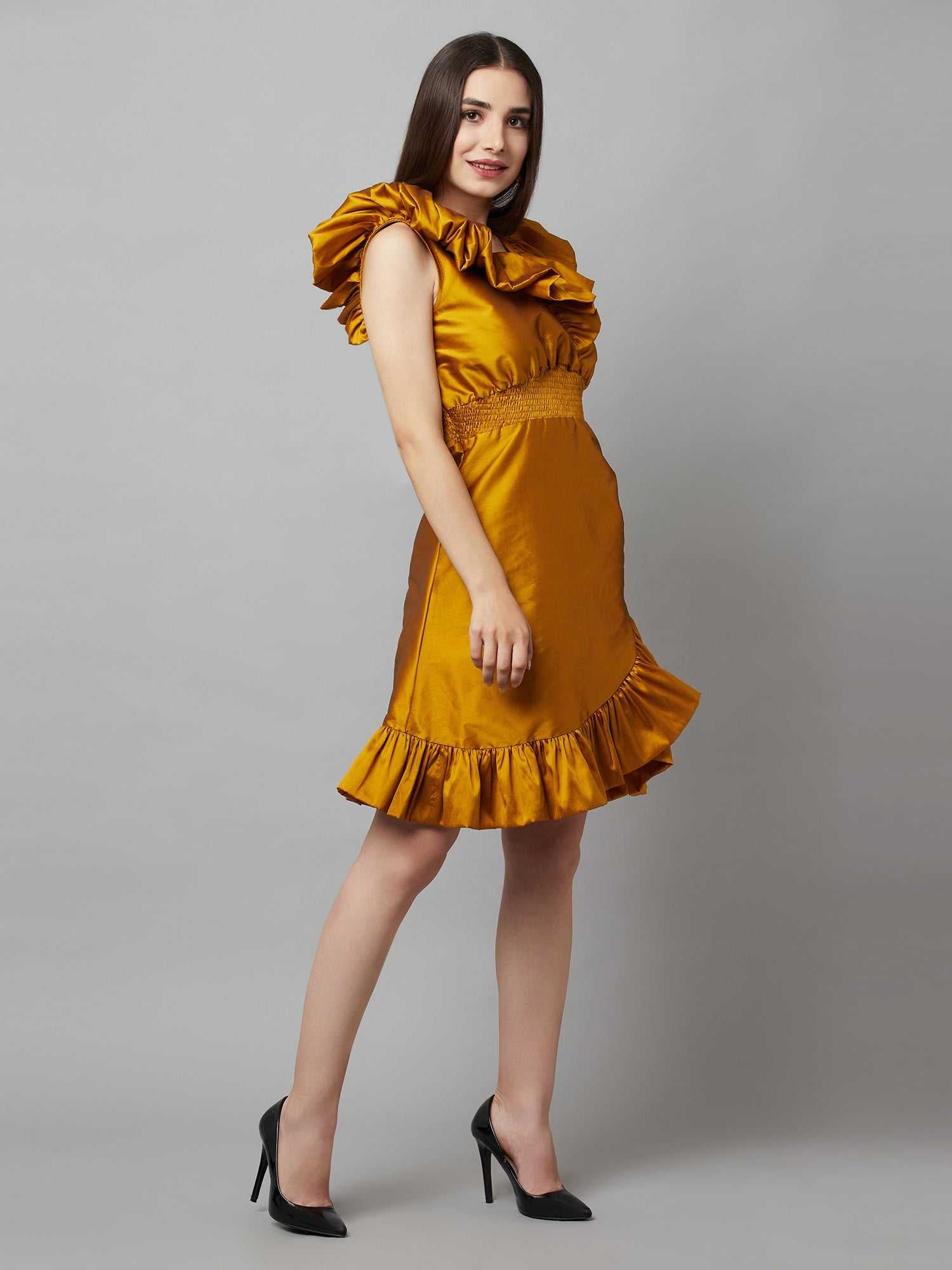 flouncy wrap mustard dress