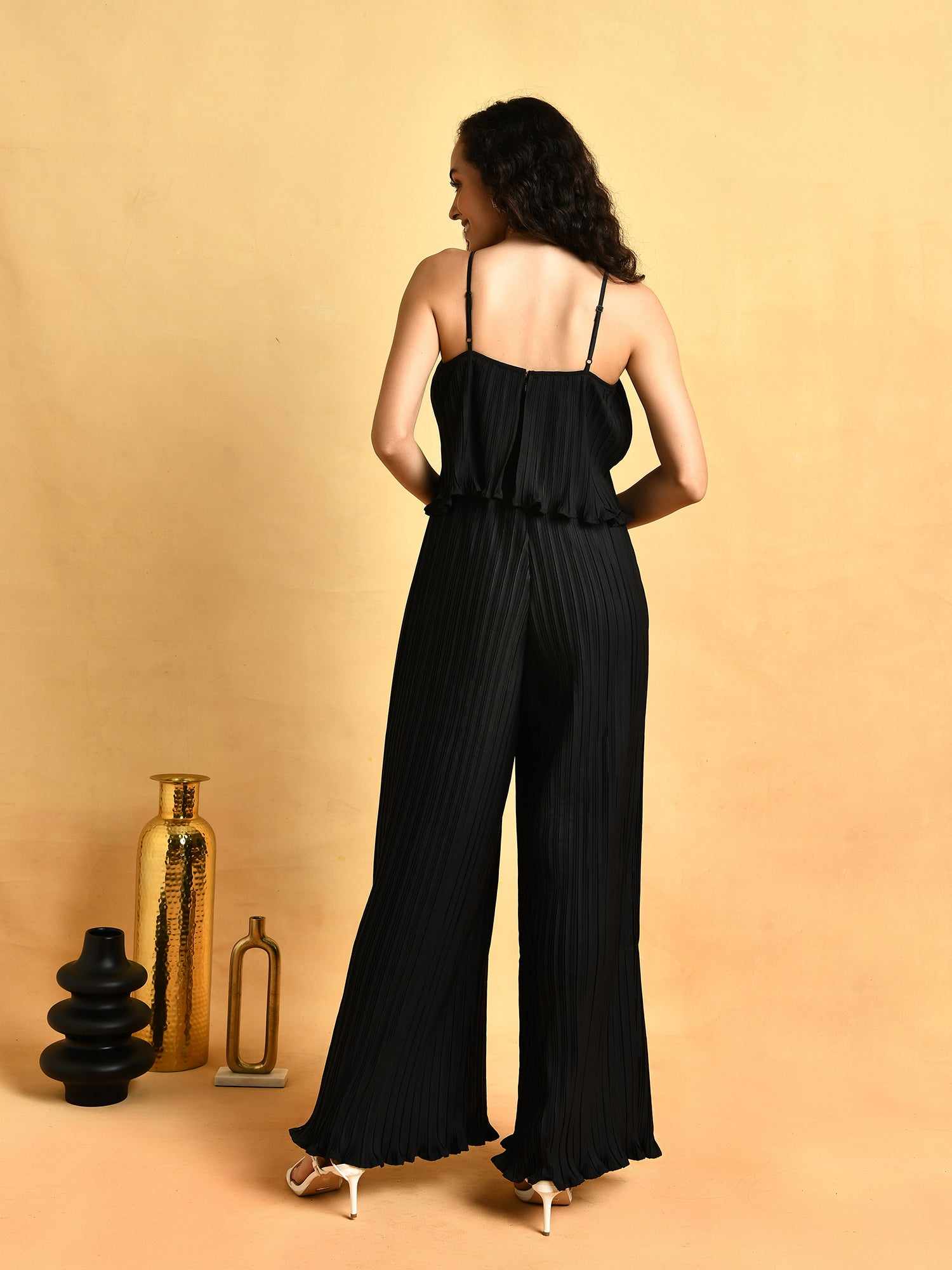 strappy pleated black jumpsuit