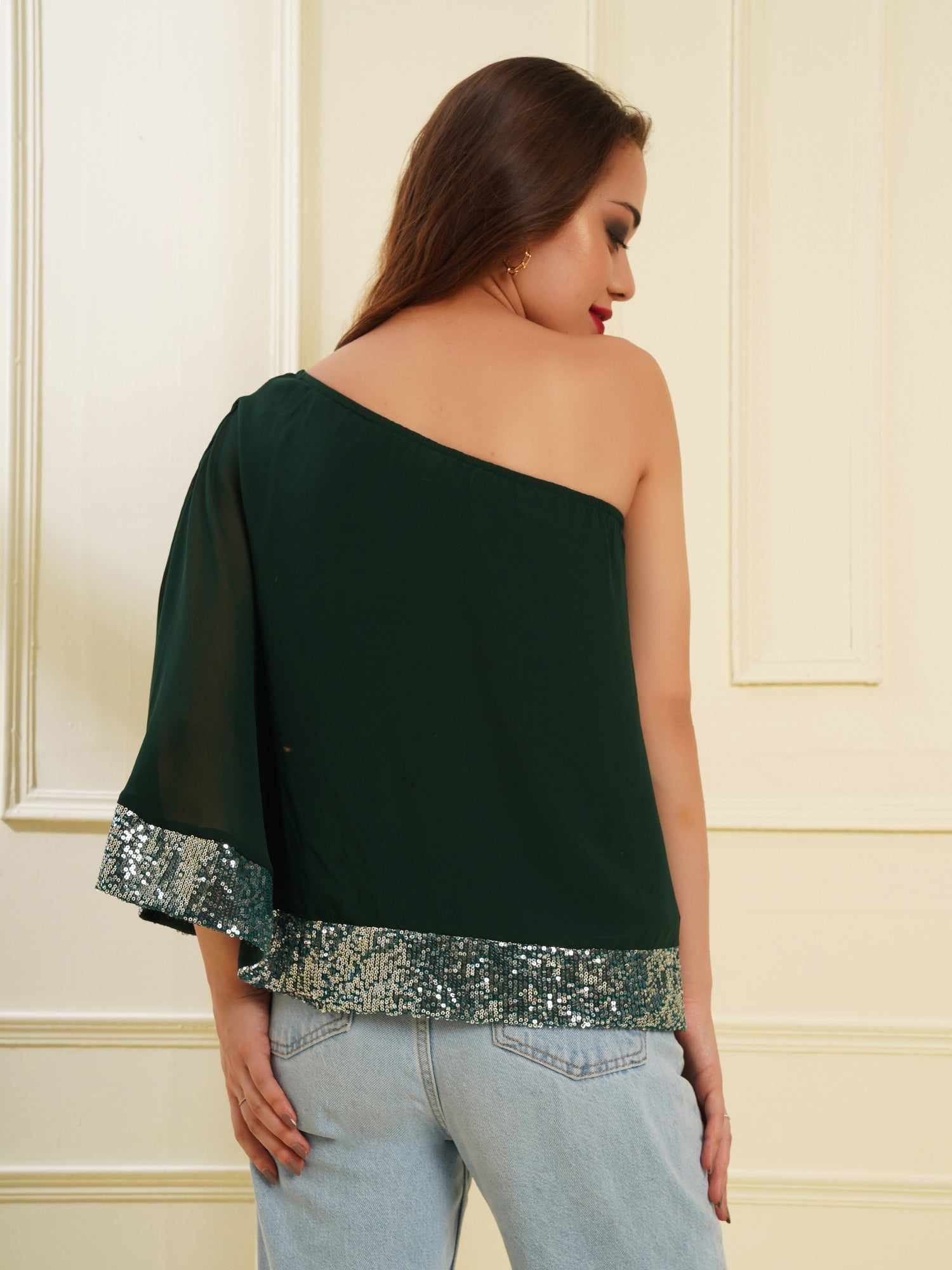 one shoulder cape green top