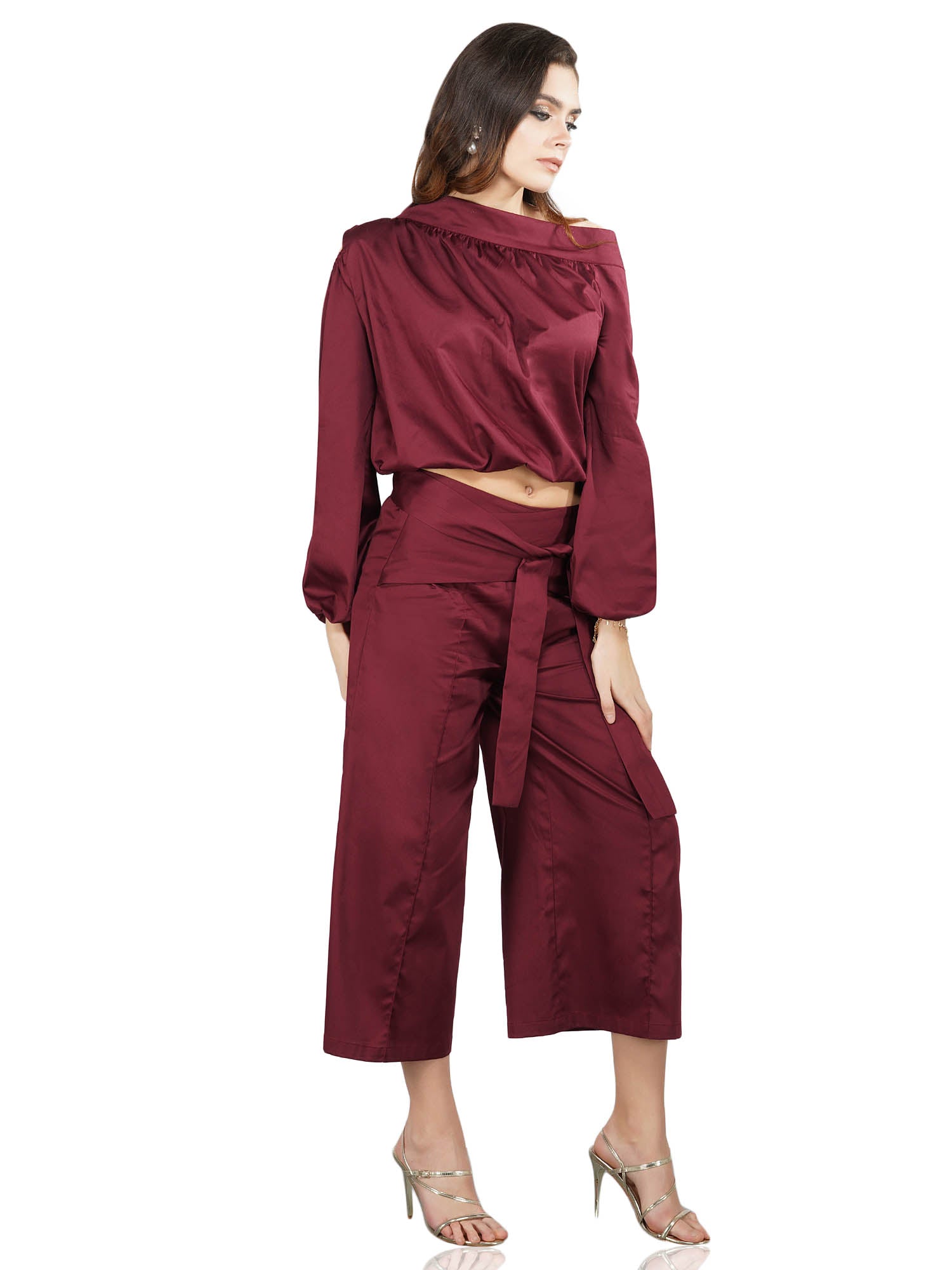 mahogany red draped blouse