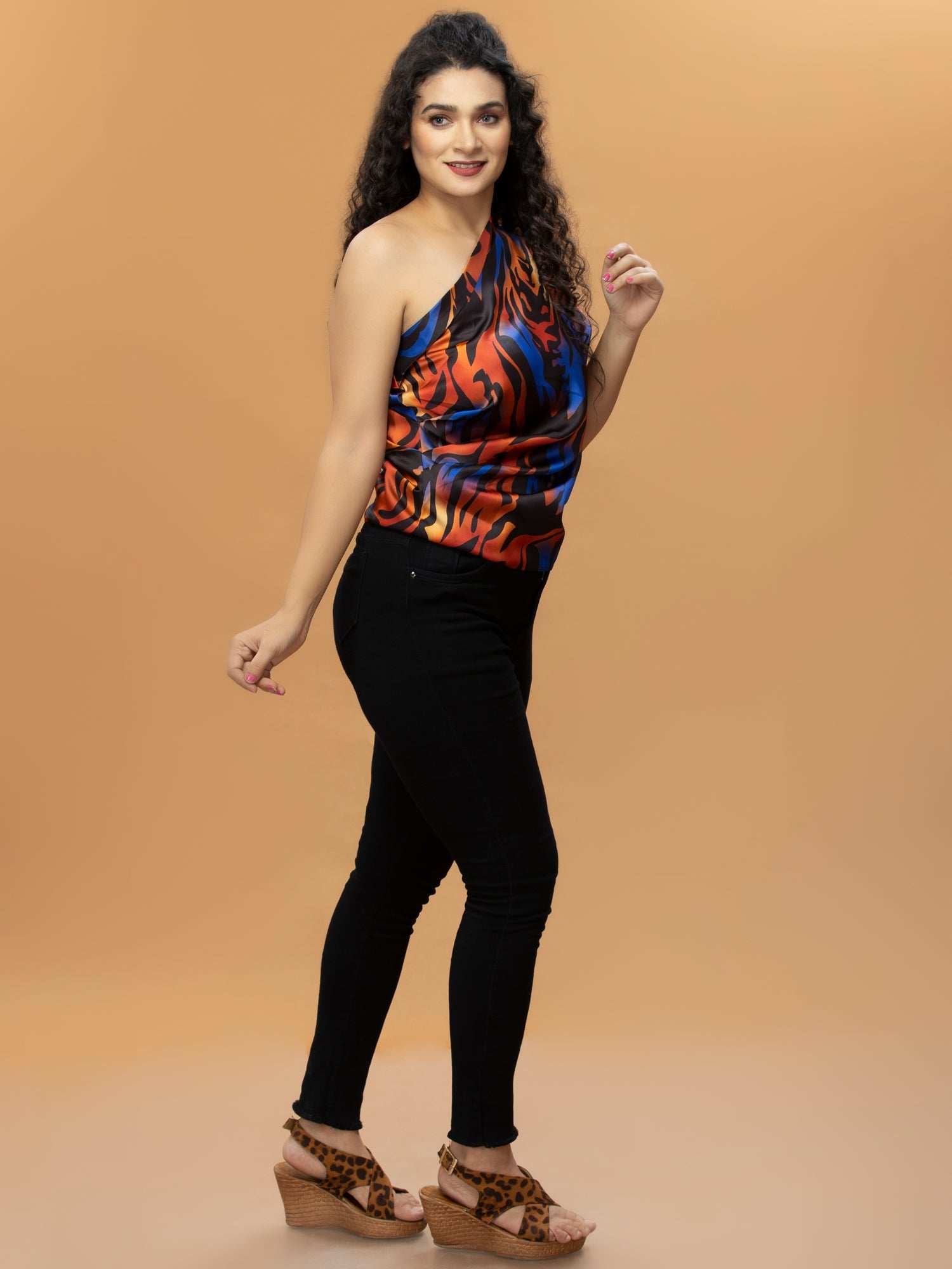 printed shiny satin ruched top  