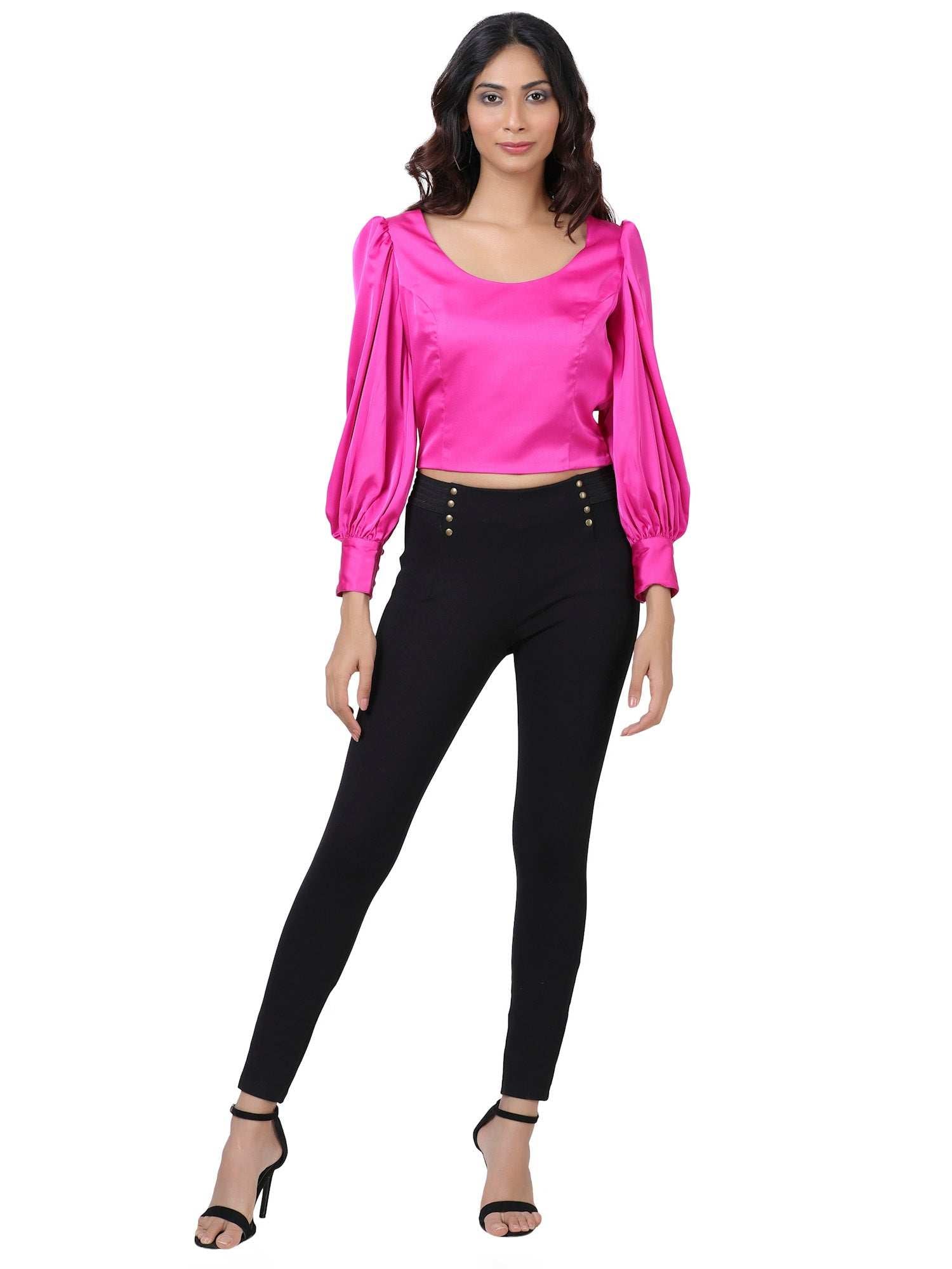 silky pink floyd blouson sleeve cropped blouse