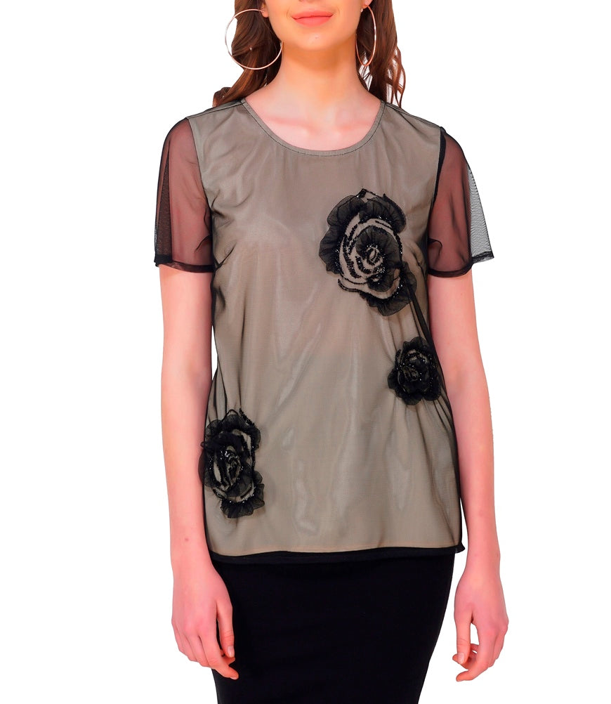 rose motif half sleeve tulle blouse