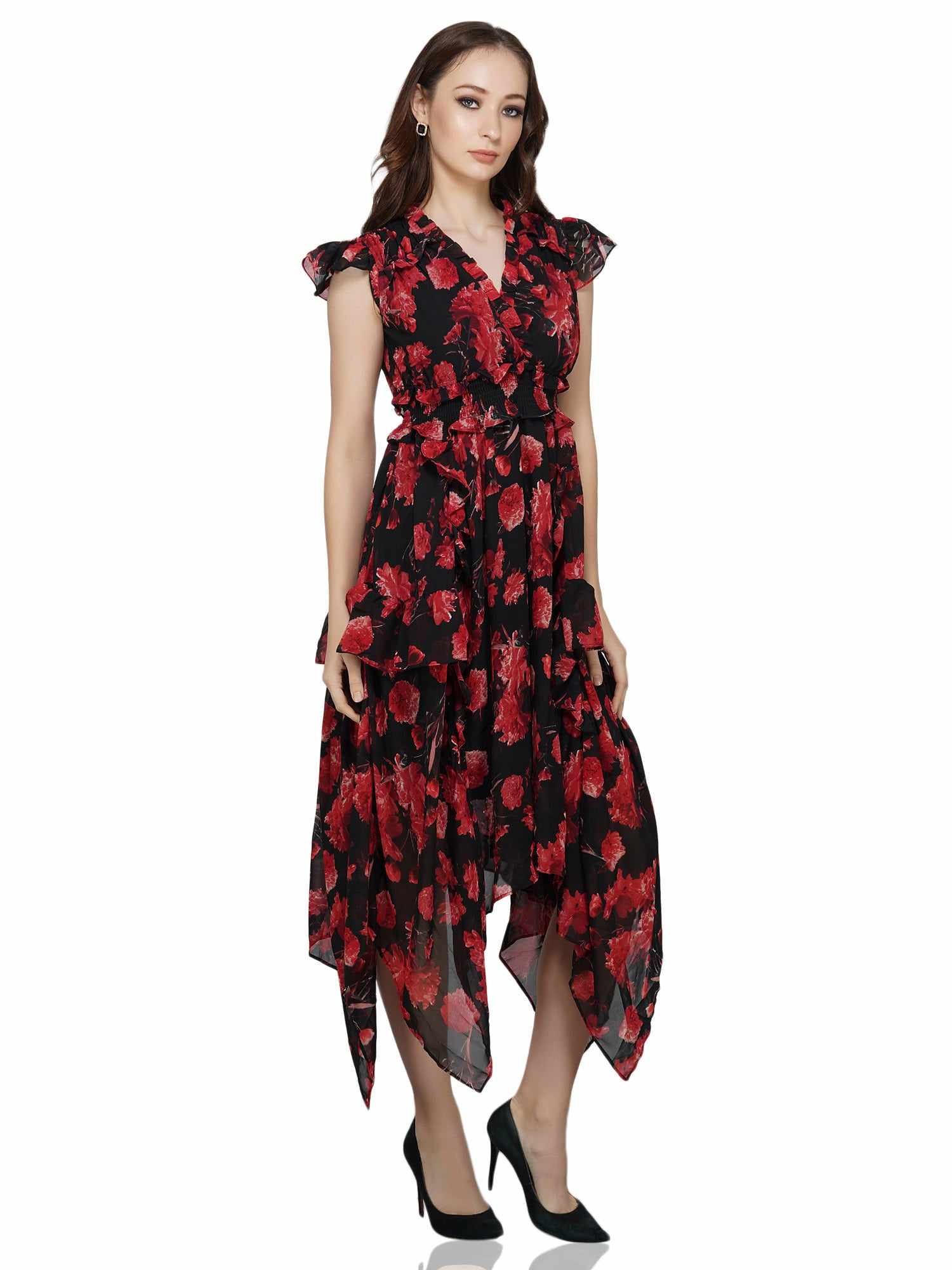 red black asymmetrical wrap dress