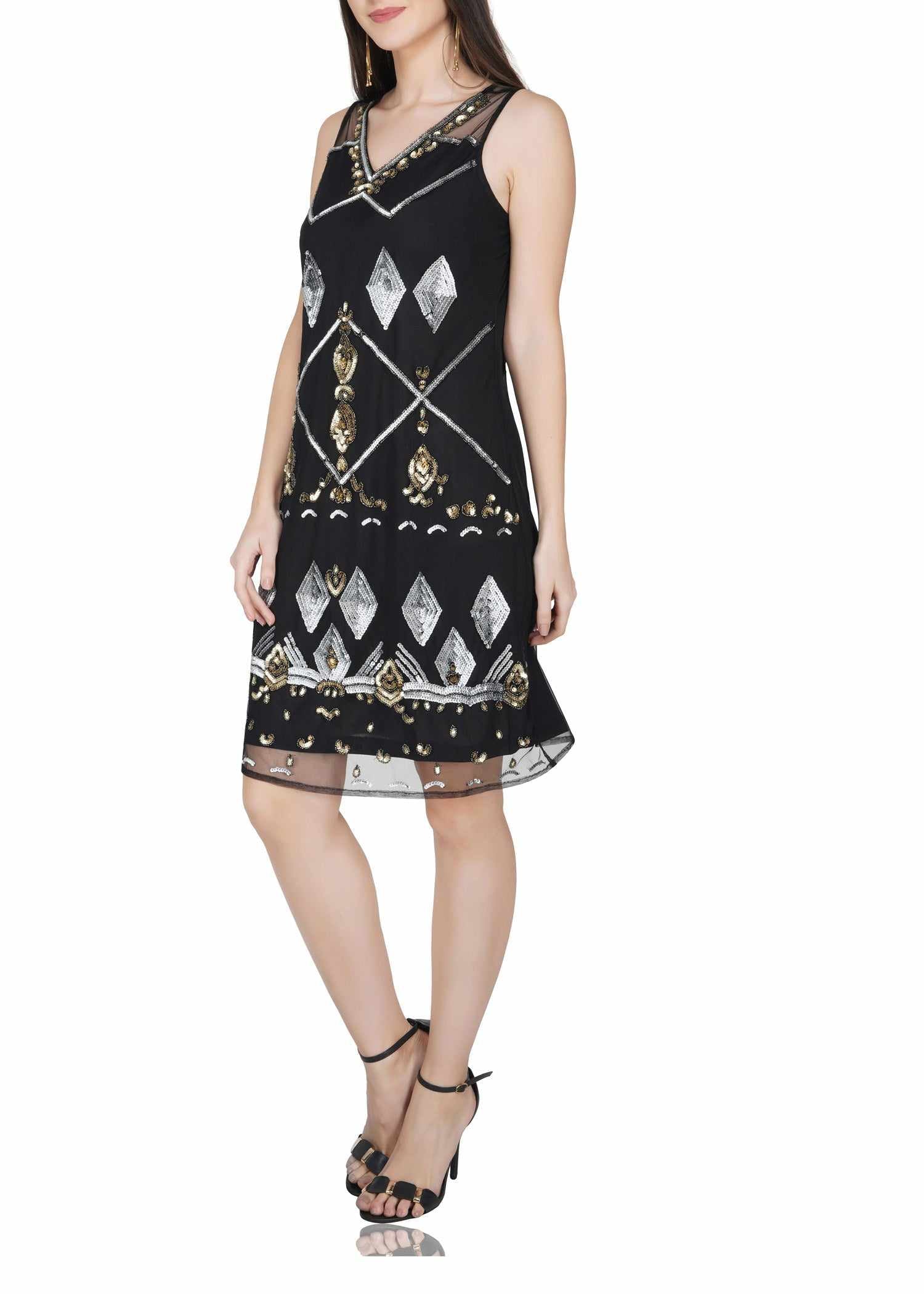 geometric sequin motifs tulle dress