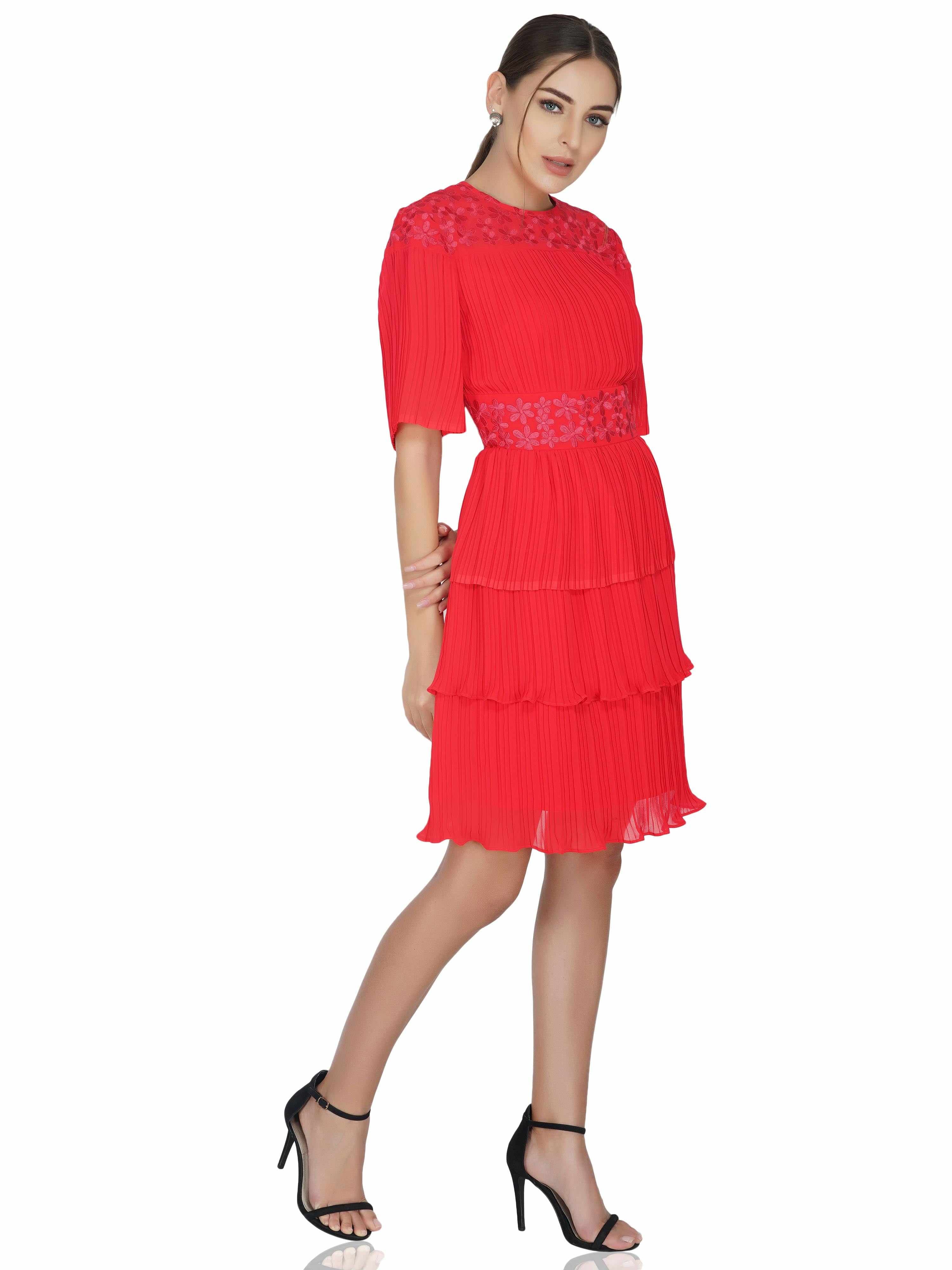 pleated tiered embroidery dress