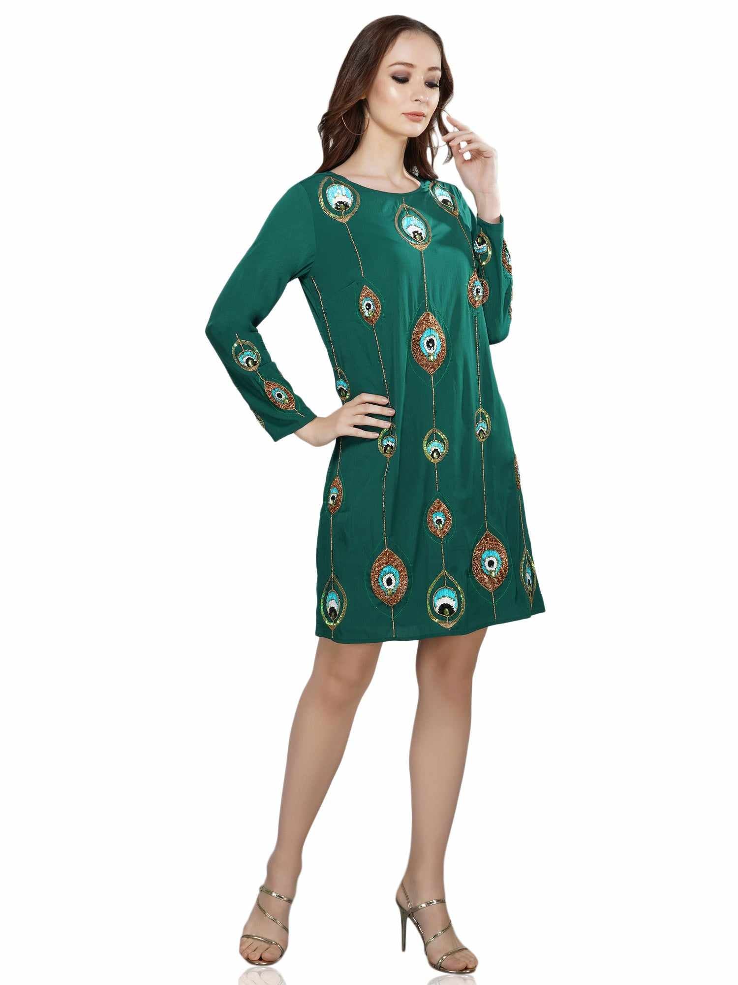 peacock feather embroidered dress
