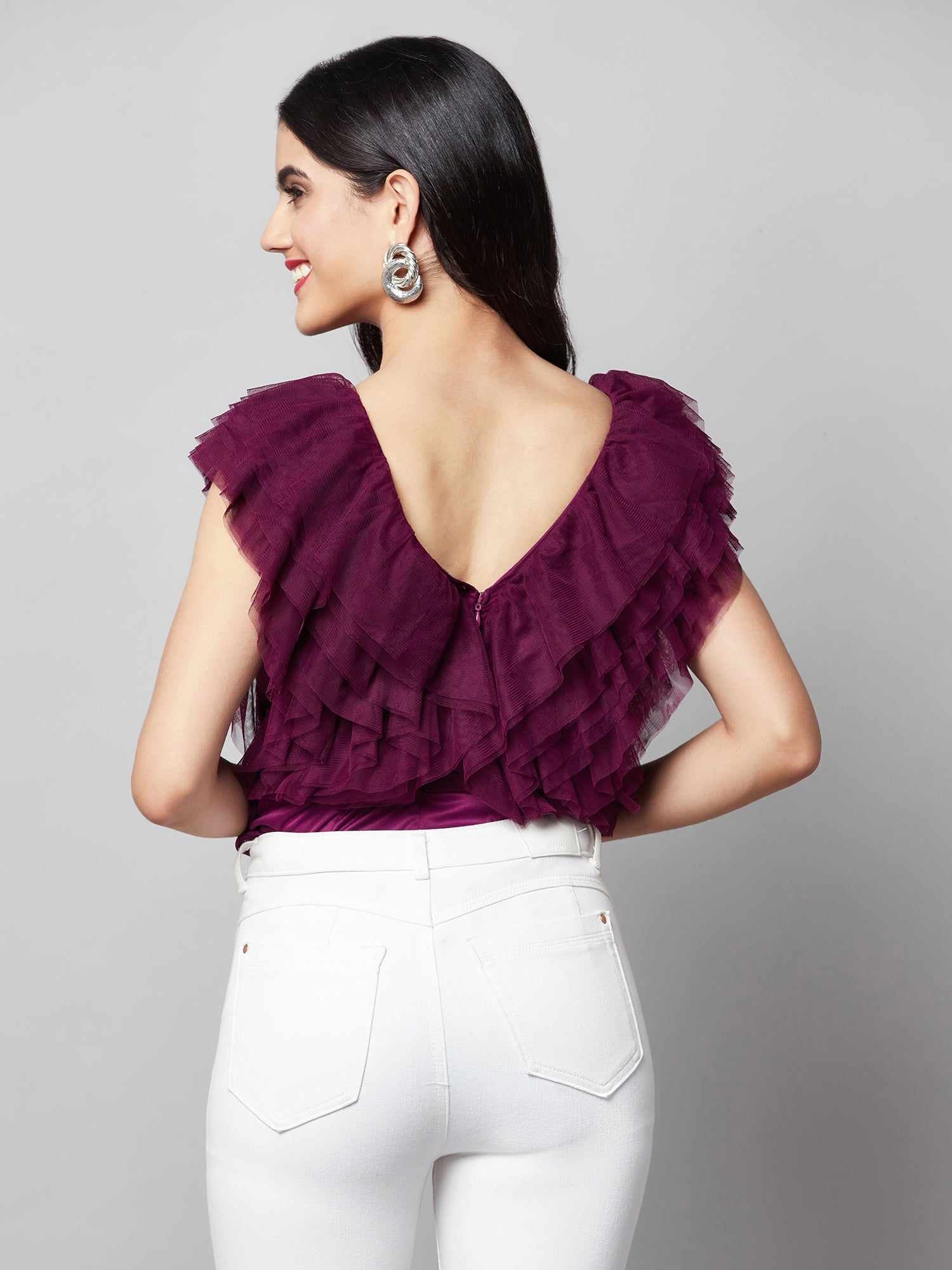 vacay multi layer wine ruffle bodysuit