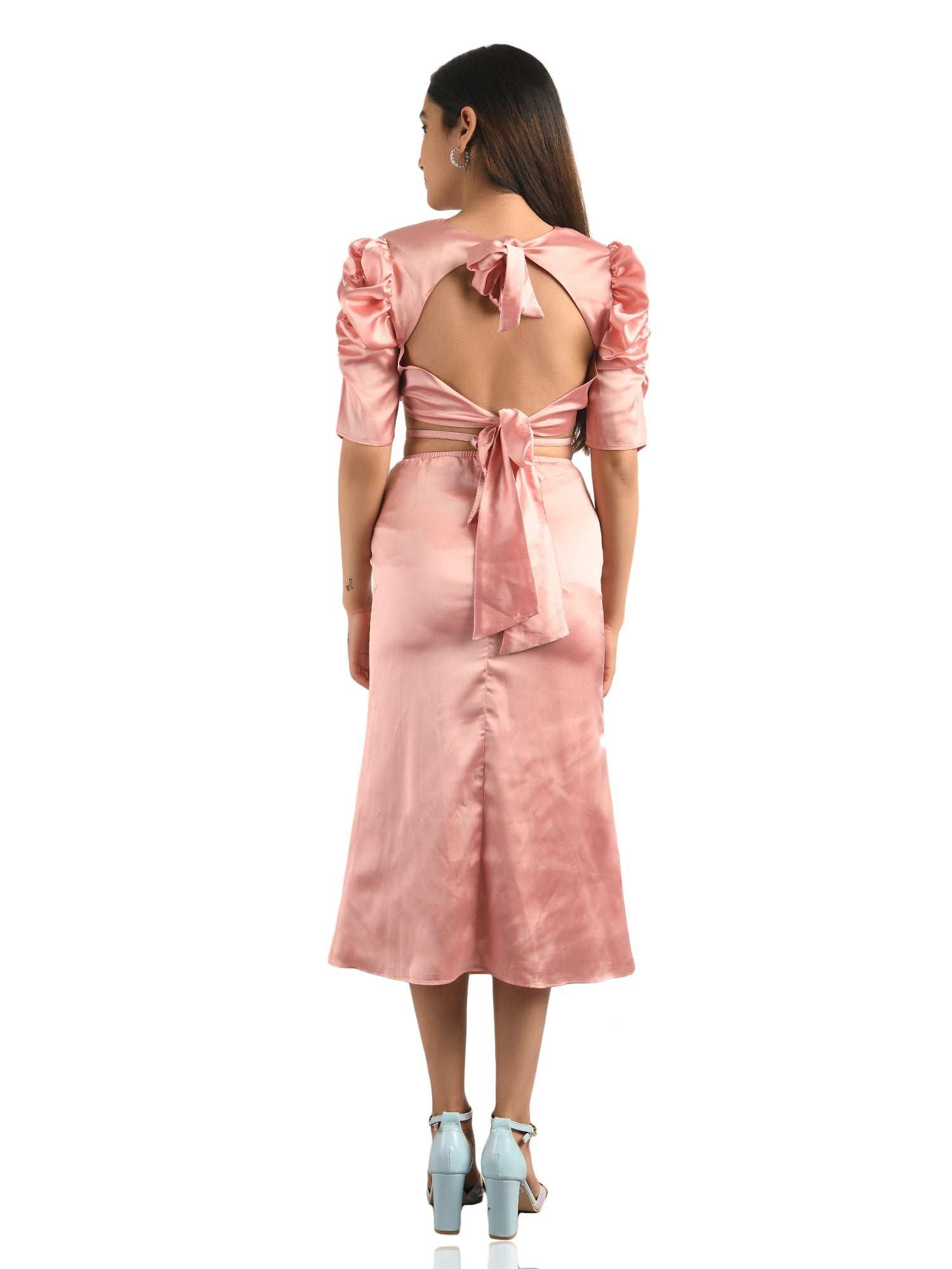 pink backless tie with detail fishtail hem cord set