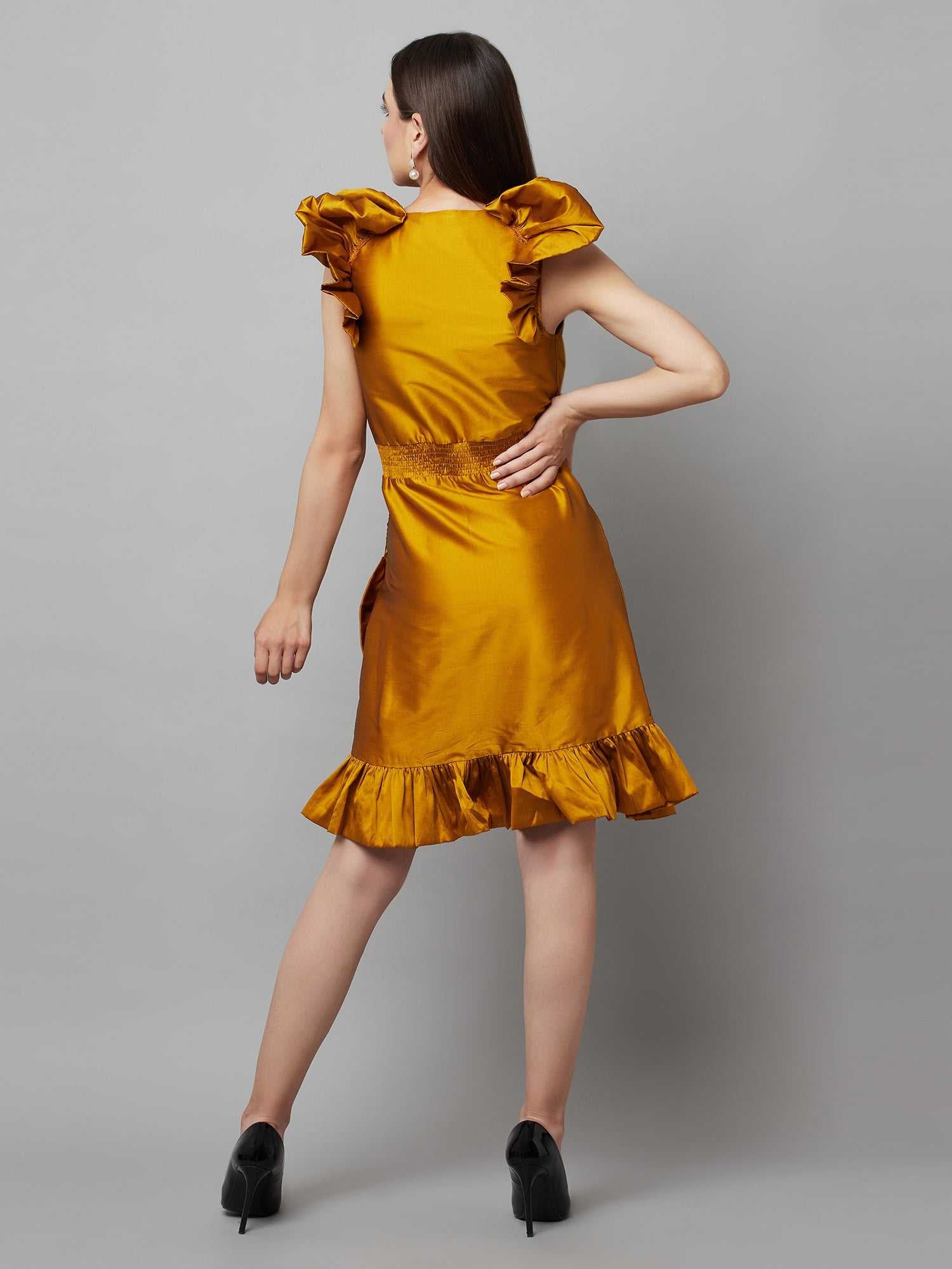 flouncy wrap mustard dress