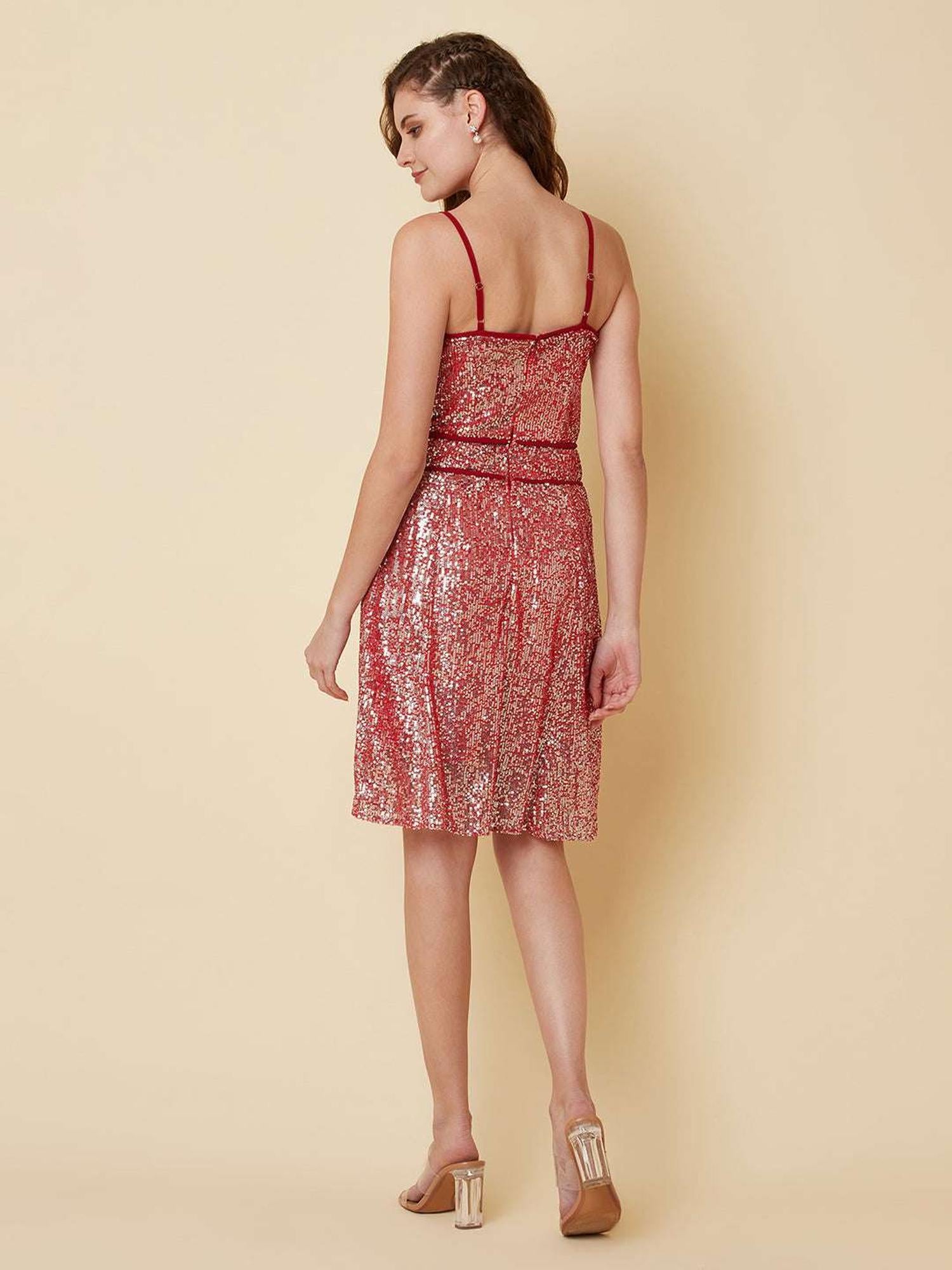 Red On Silver Sequins Midi Dress