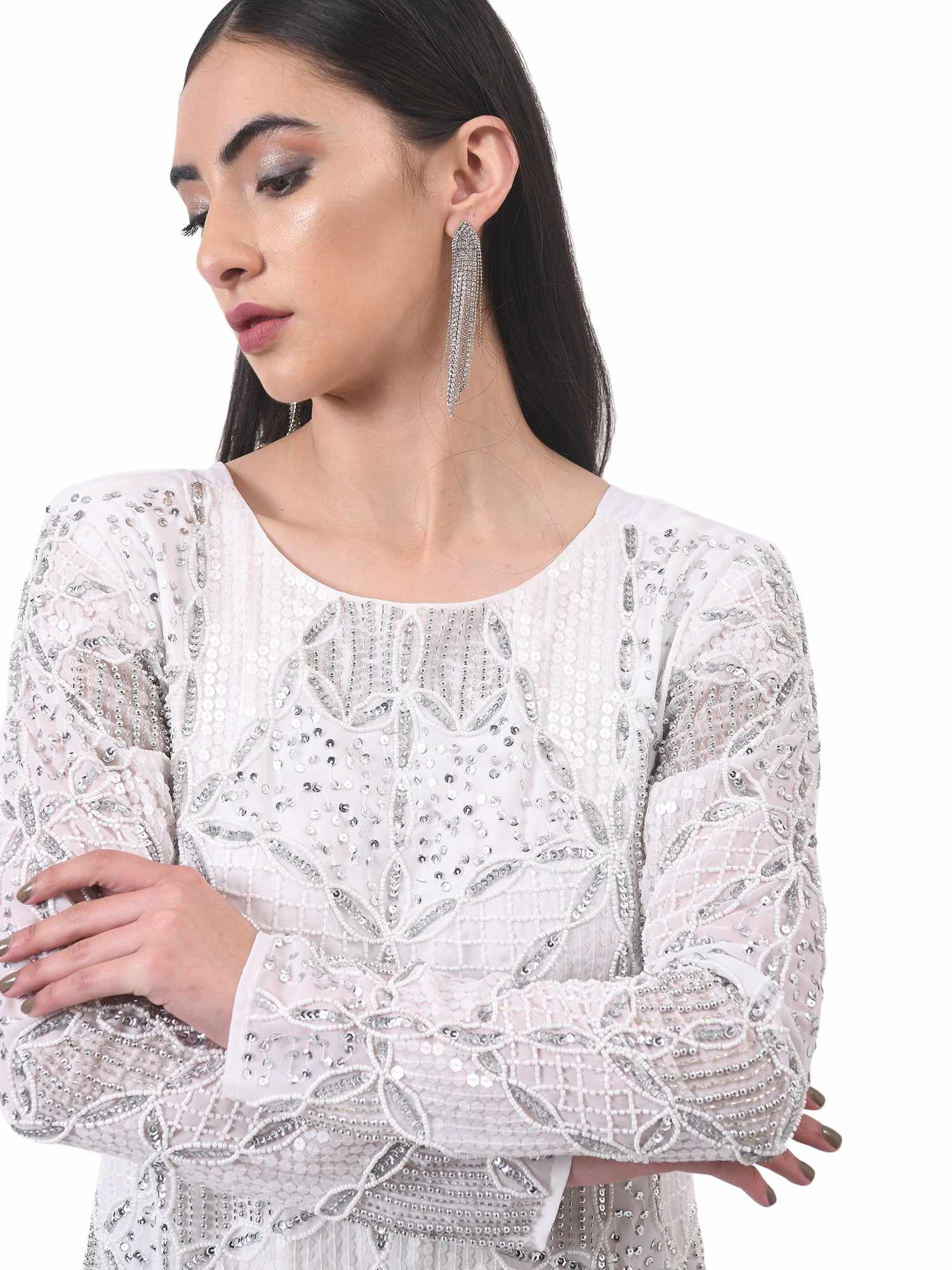 white full sleeve embellished dress