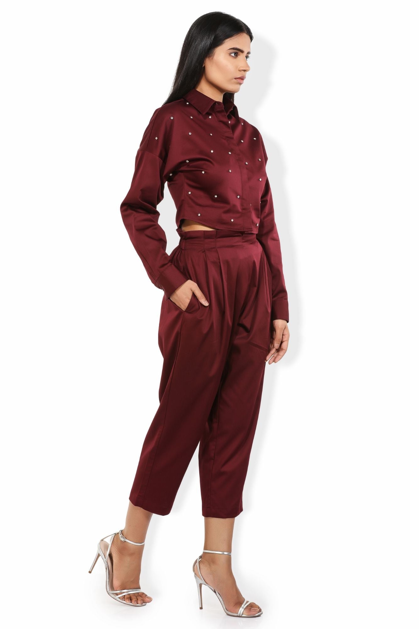 crystals embellished mahogany satin crop shirt