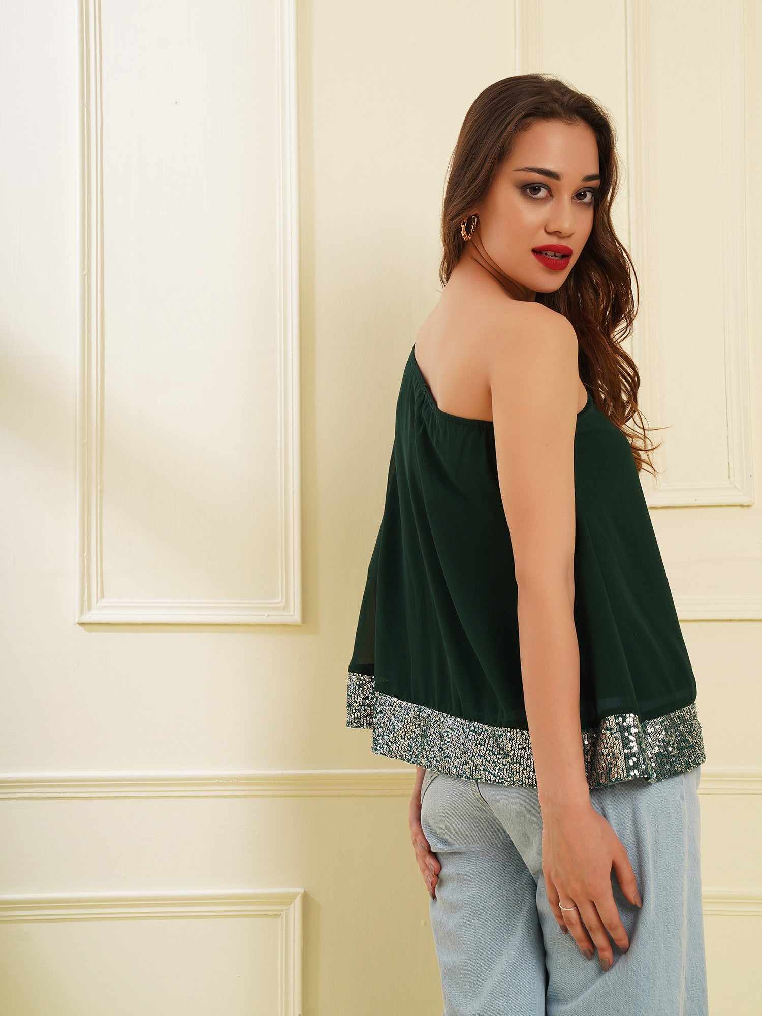 one shoulder cape green top