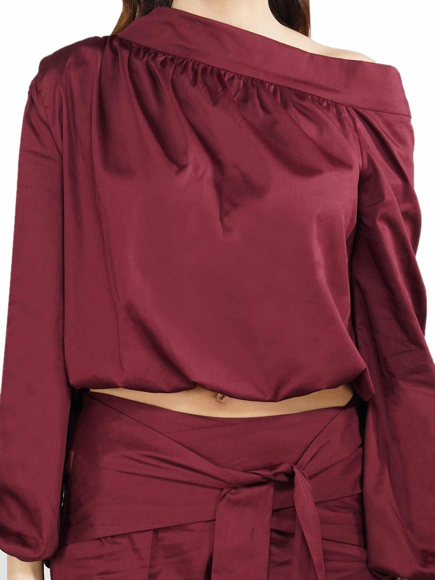 mahogany red draped blouse