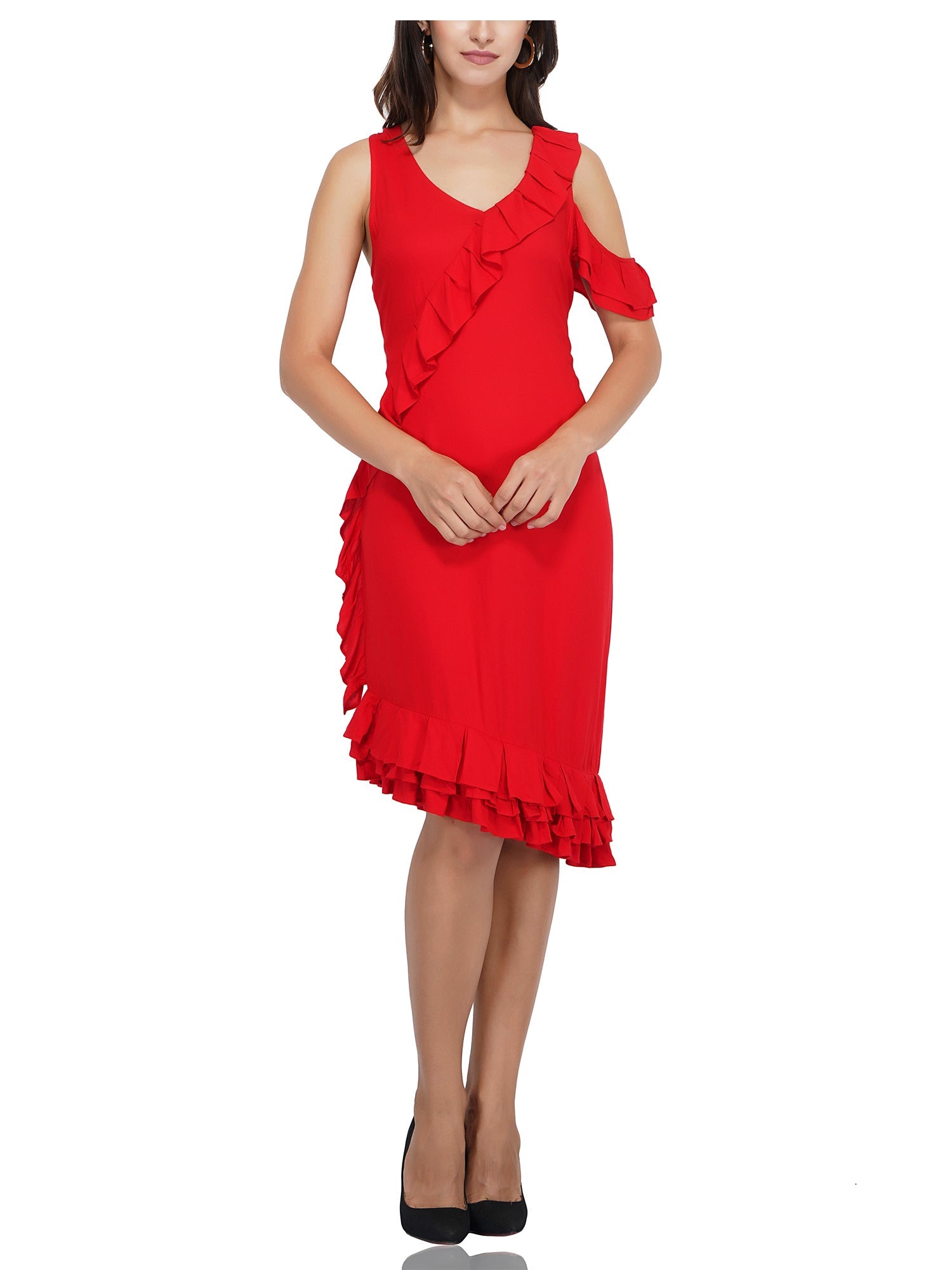 pleated ruffle red midi dress