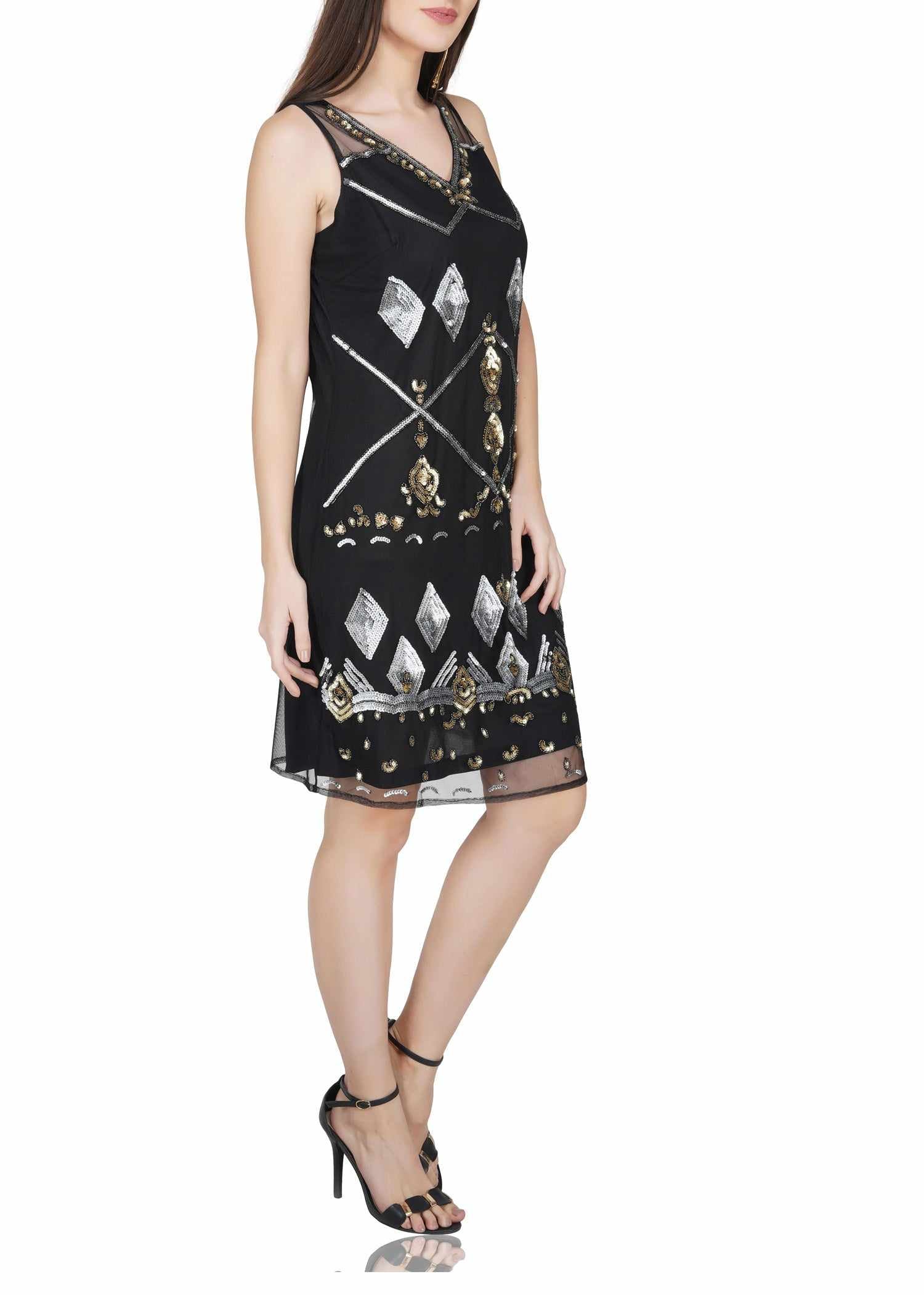 geometric sequin motifs tulle dress