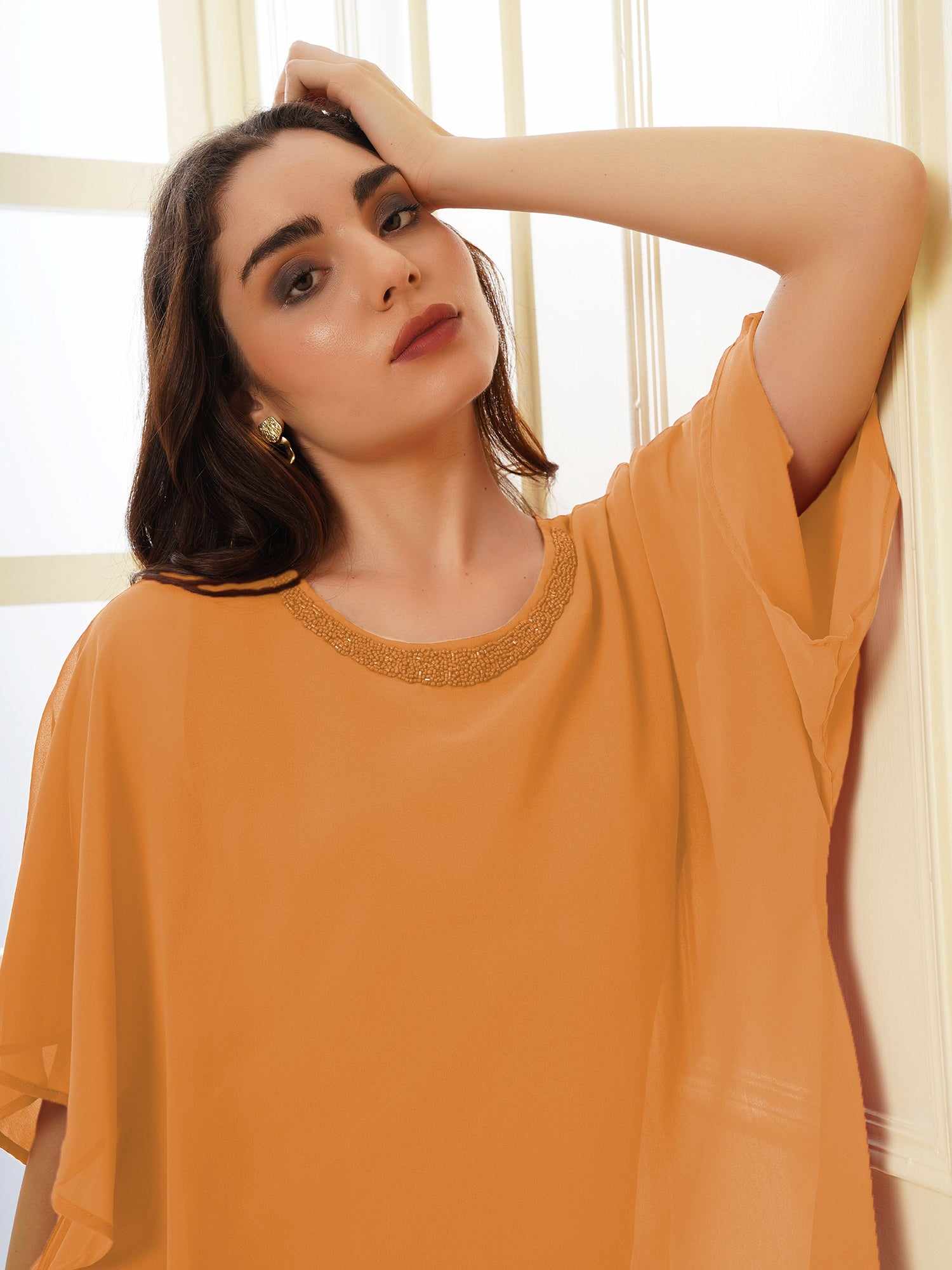 popover orange dress with neck embellishment