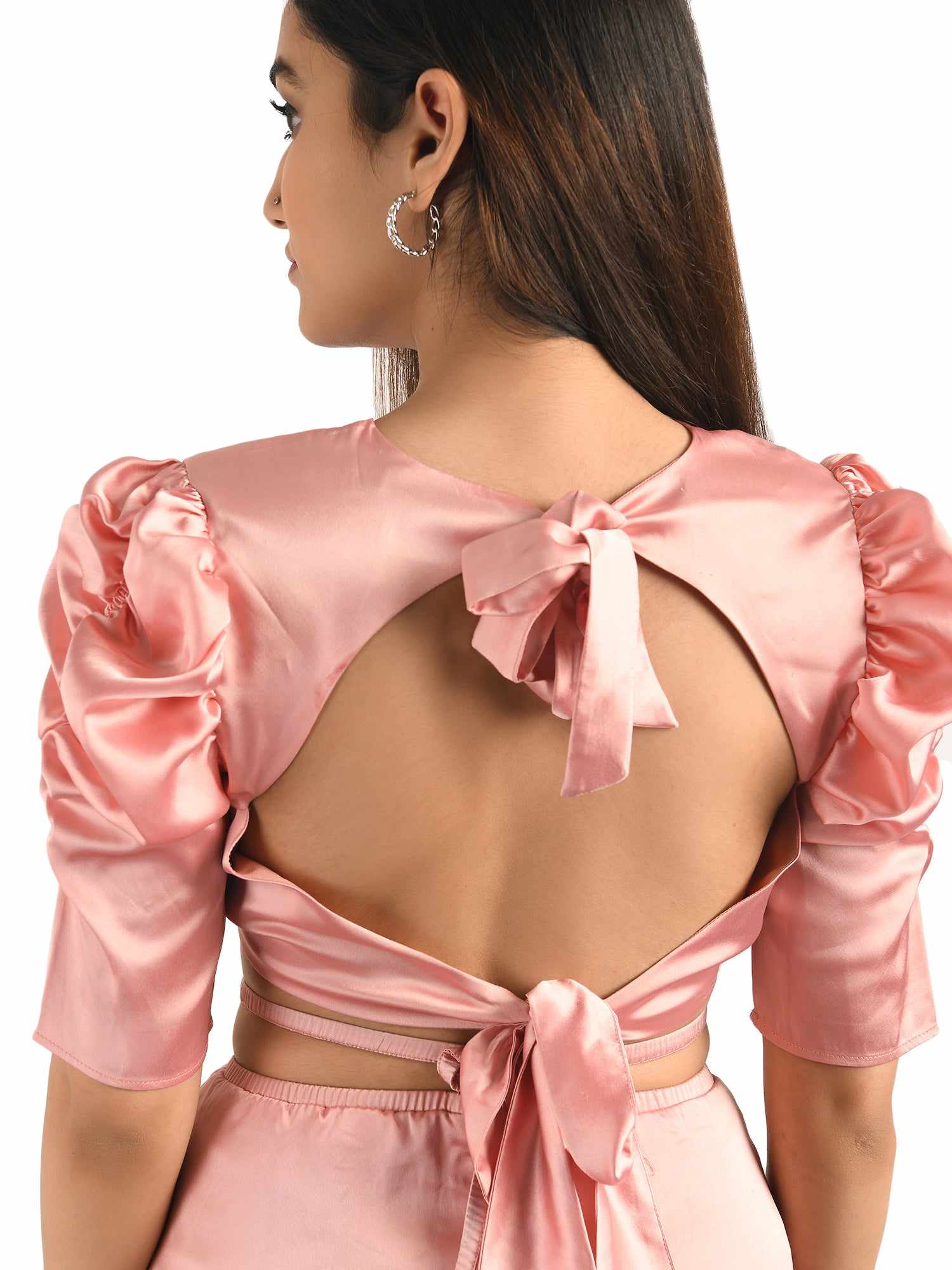 pink backless tie with detail fishtail hem cord set