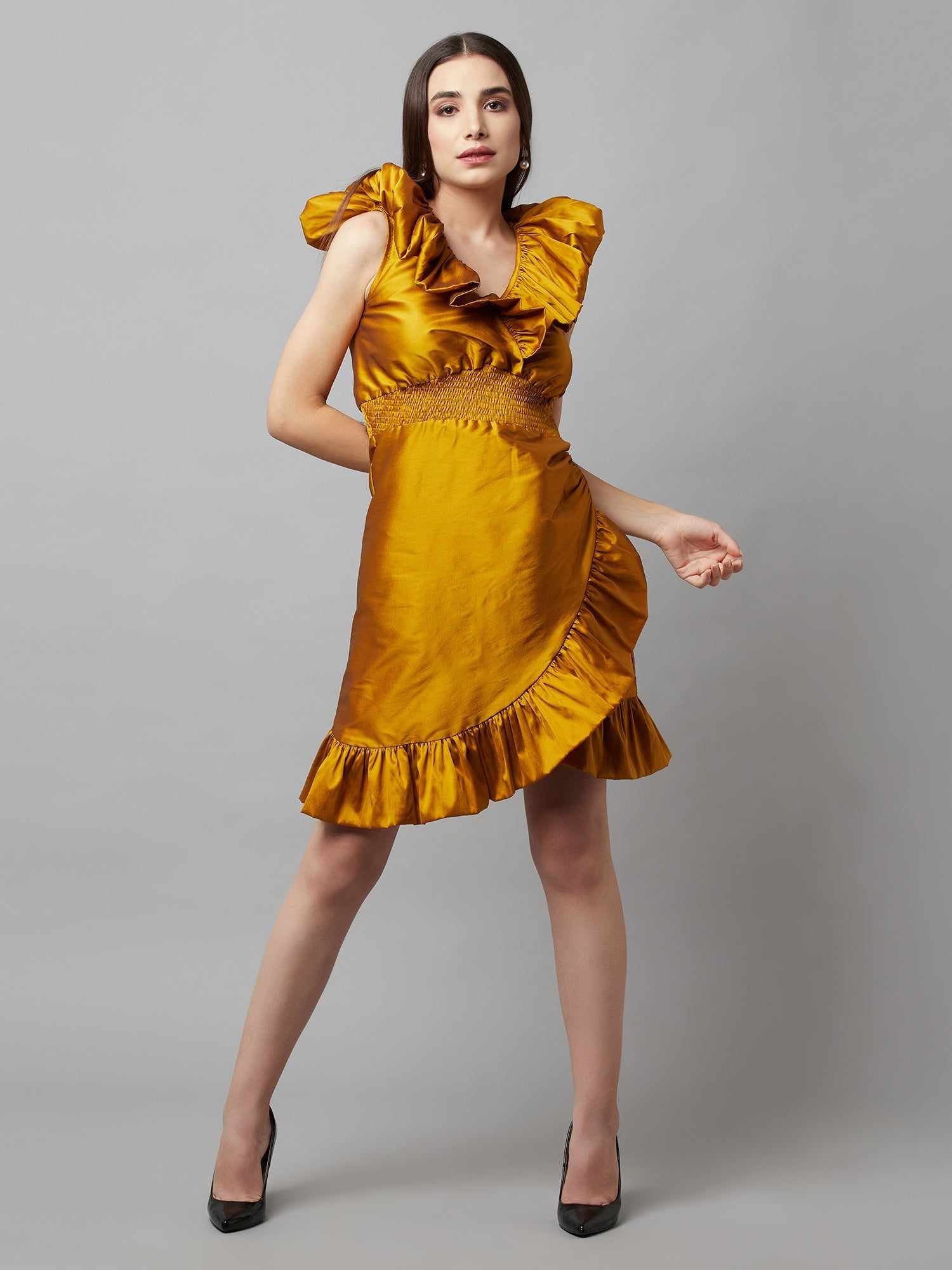 flouncy wrap mustard dress