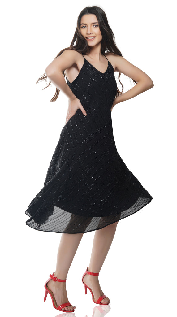 black embellished bias cut dress