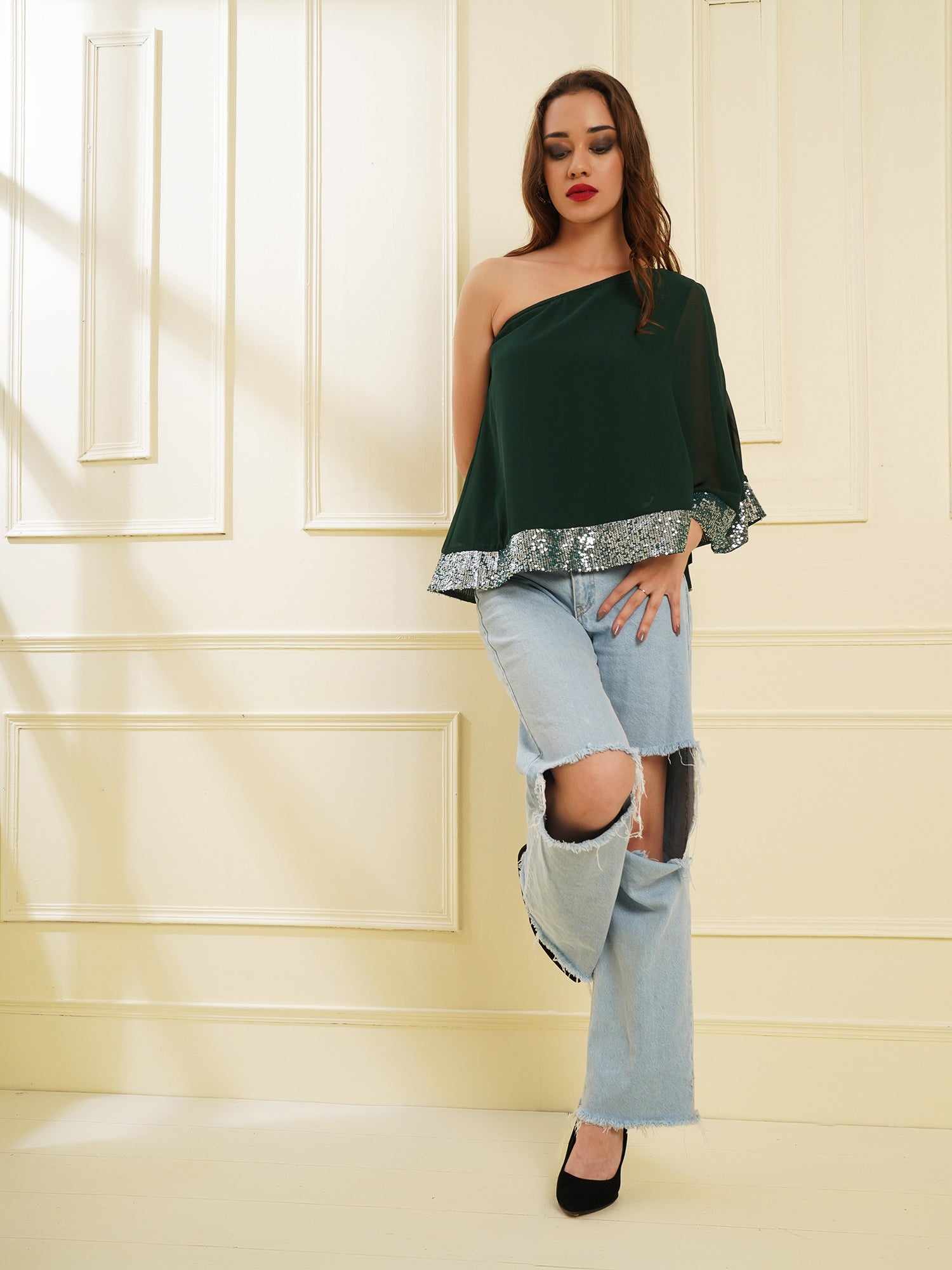 one shoulder cape green top