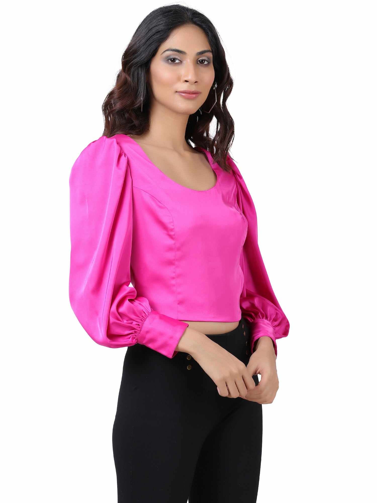 silky pink floyd blouson sleeve cropped blouse