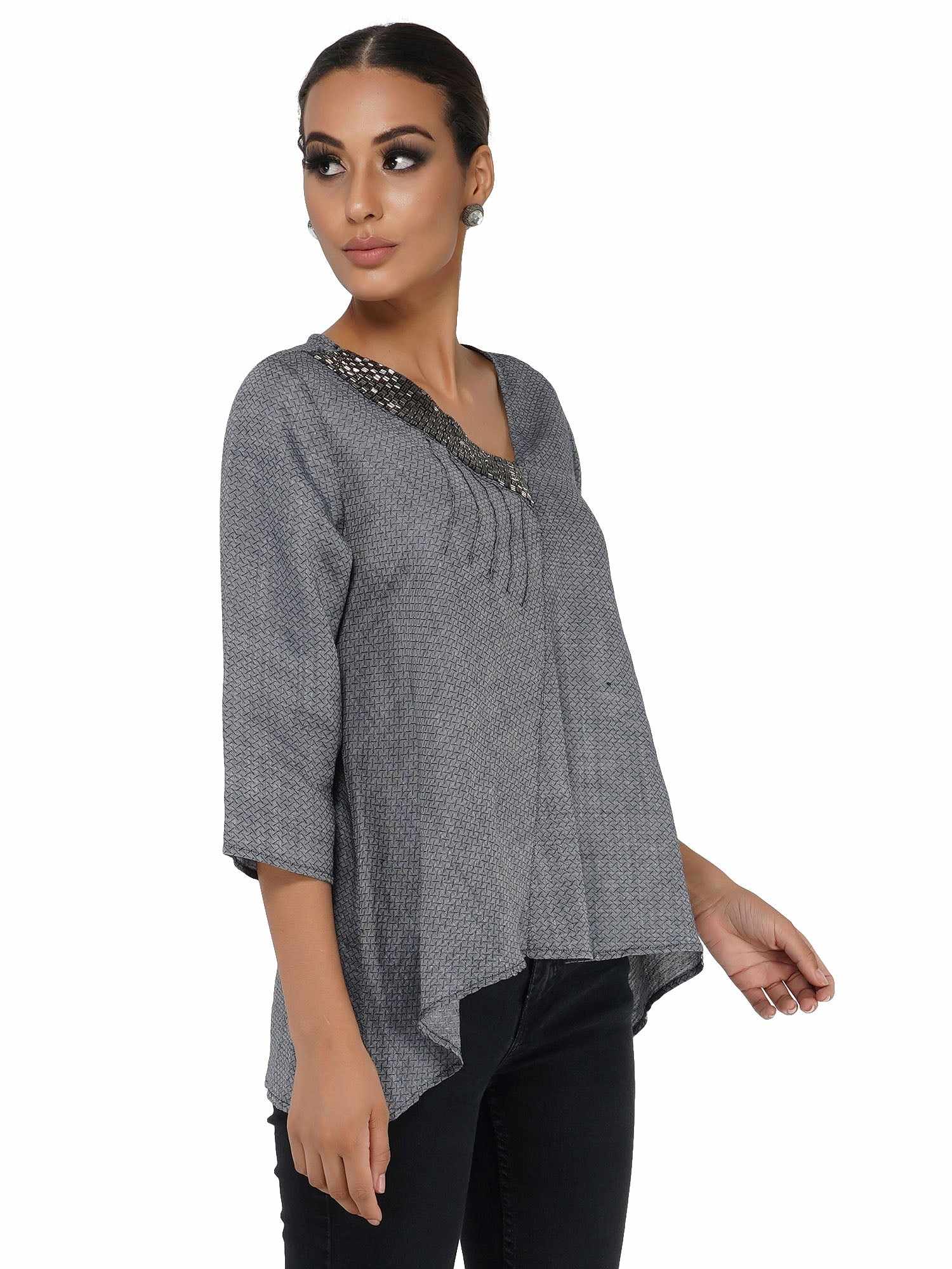 bugle beaded neck linen top