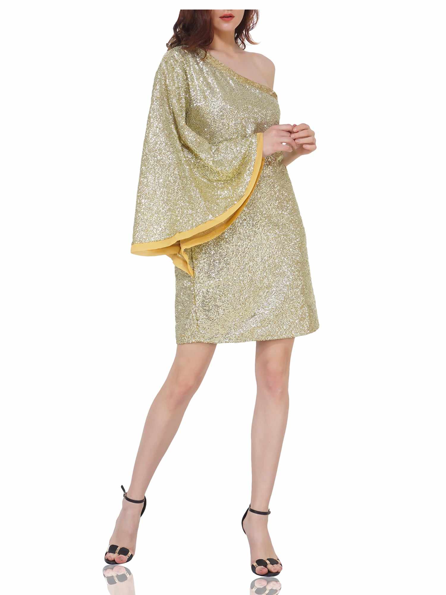 one shoulder golden sequin drama dress