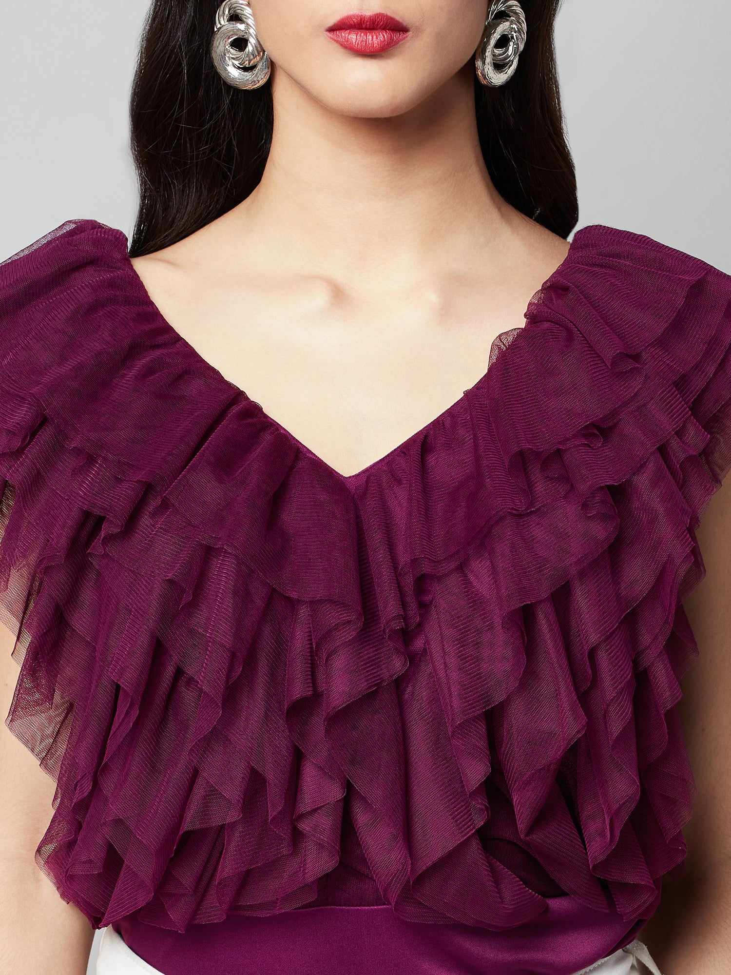 vacay multi layer wine ruffle bodysuit