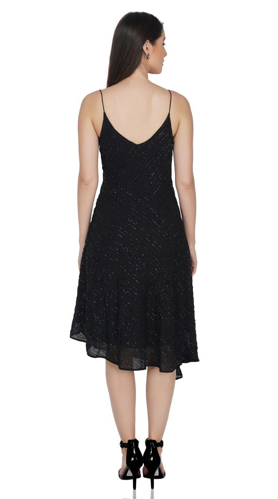 black embellished bias cut dress