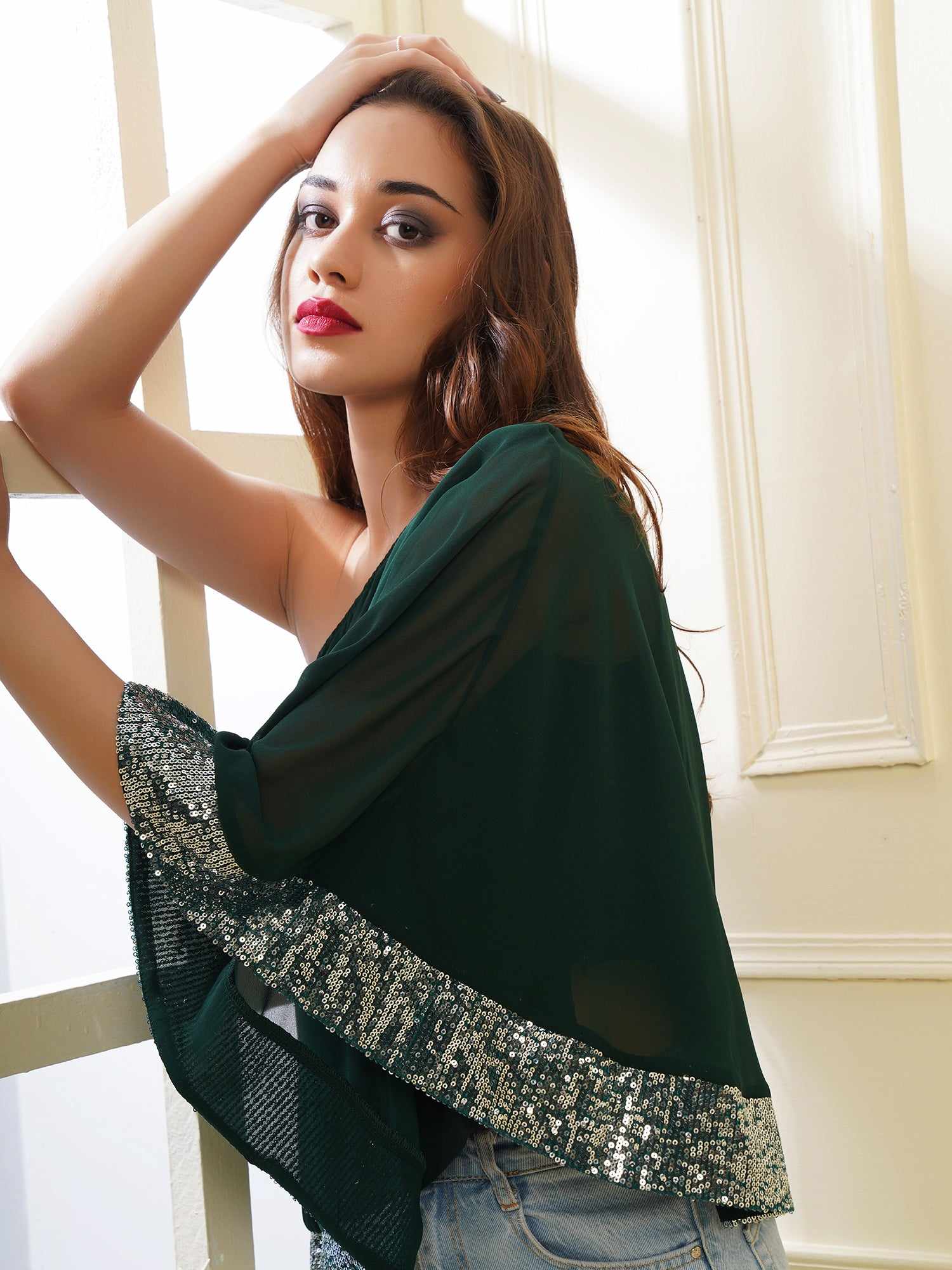 one shoulder cape green top