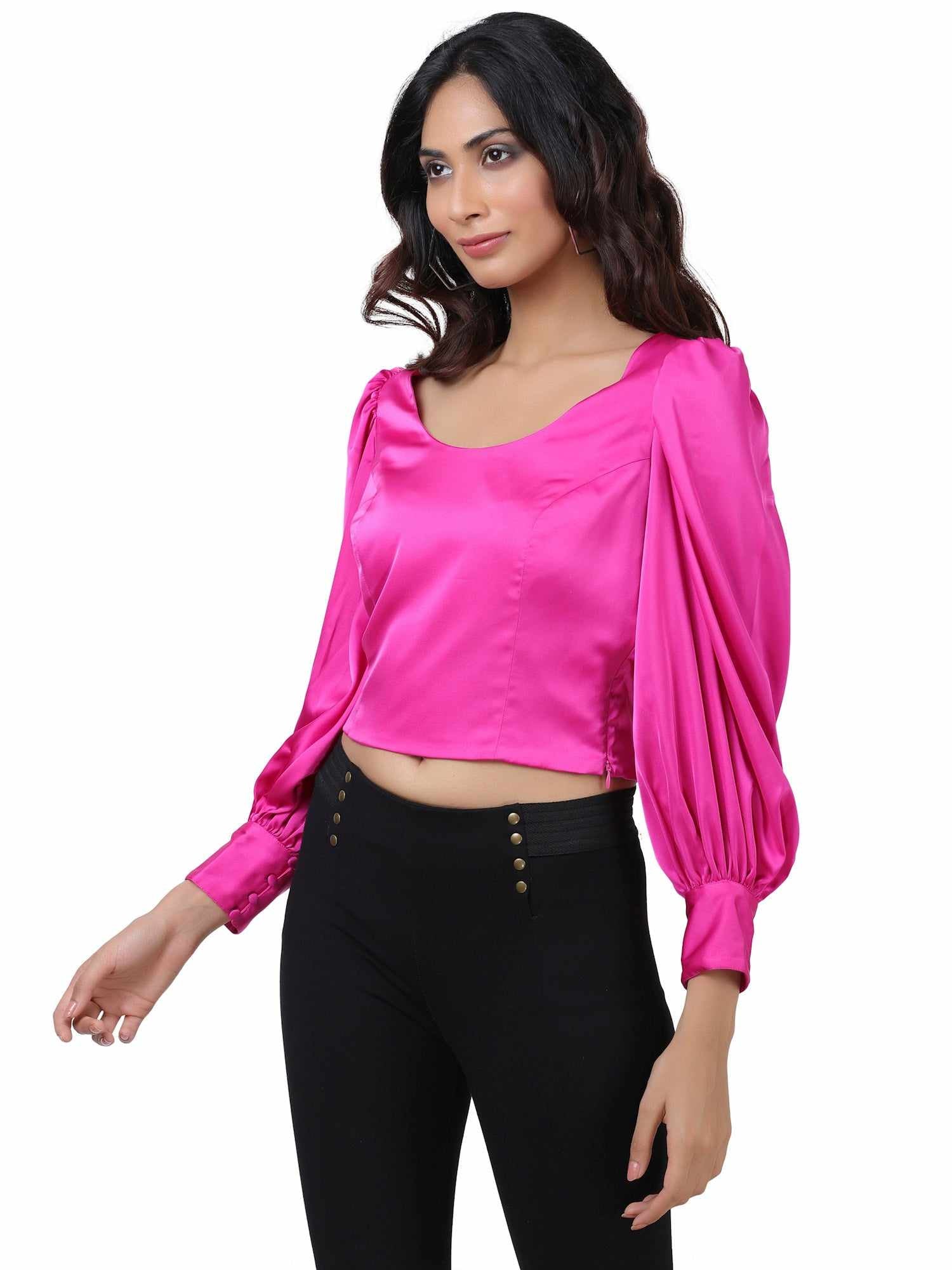 silky pink floyd blouson sleeve cropped blouse