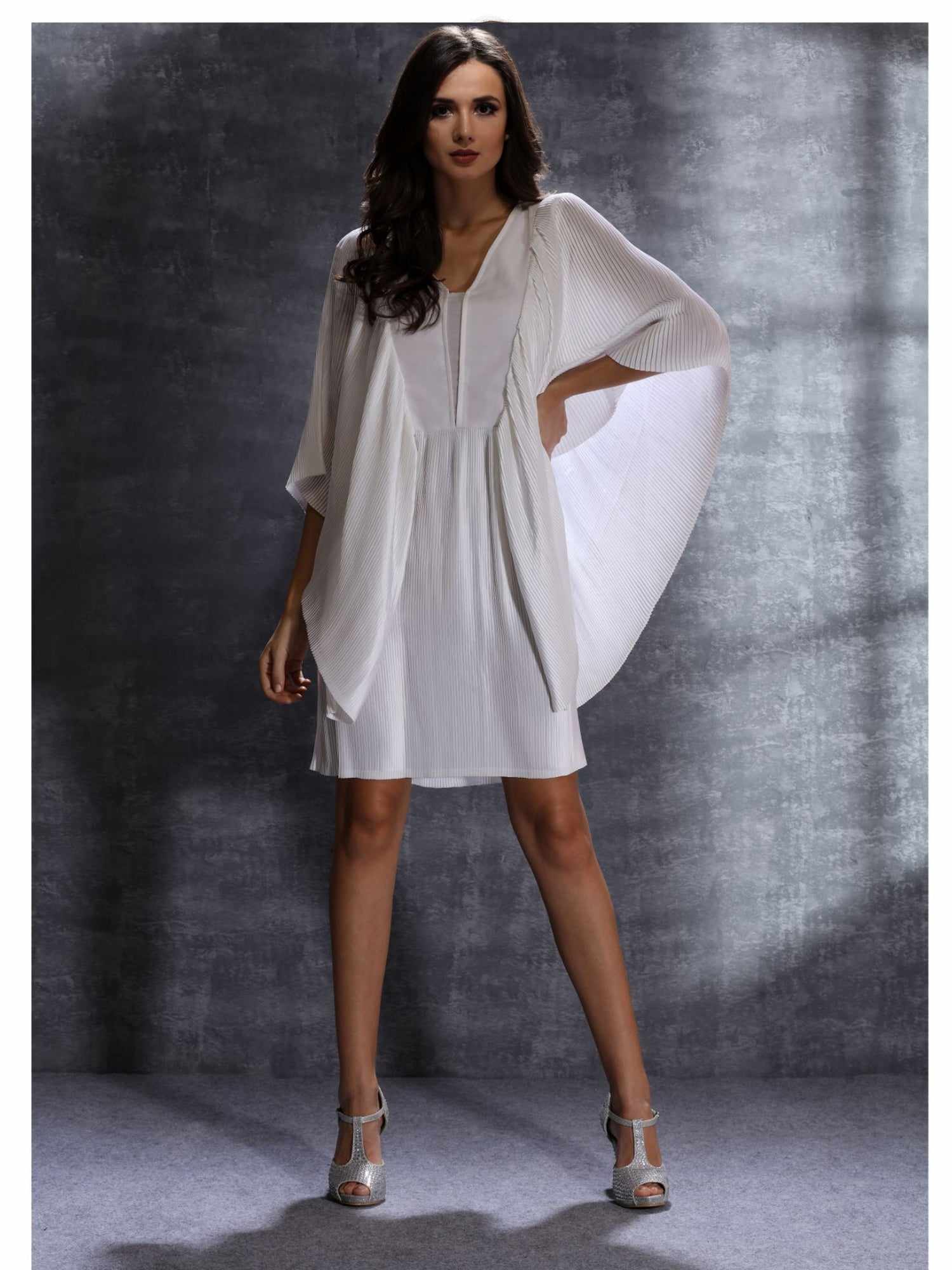 flutter sleeve pleated white satin dress