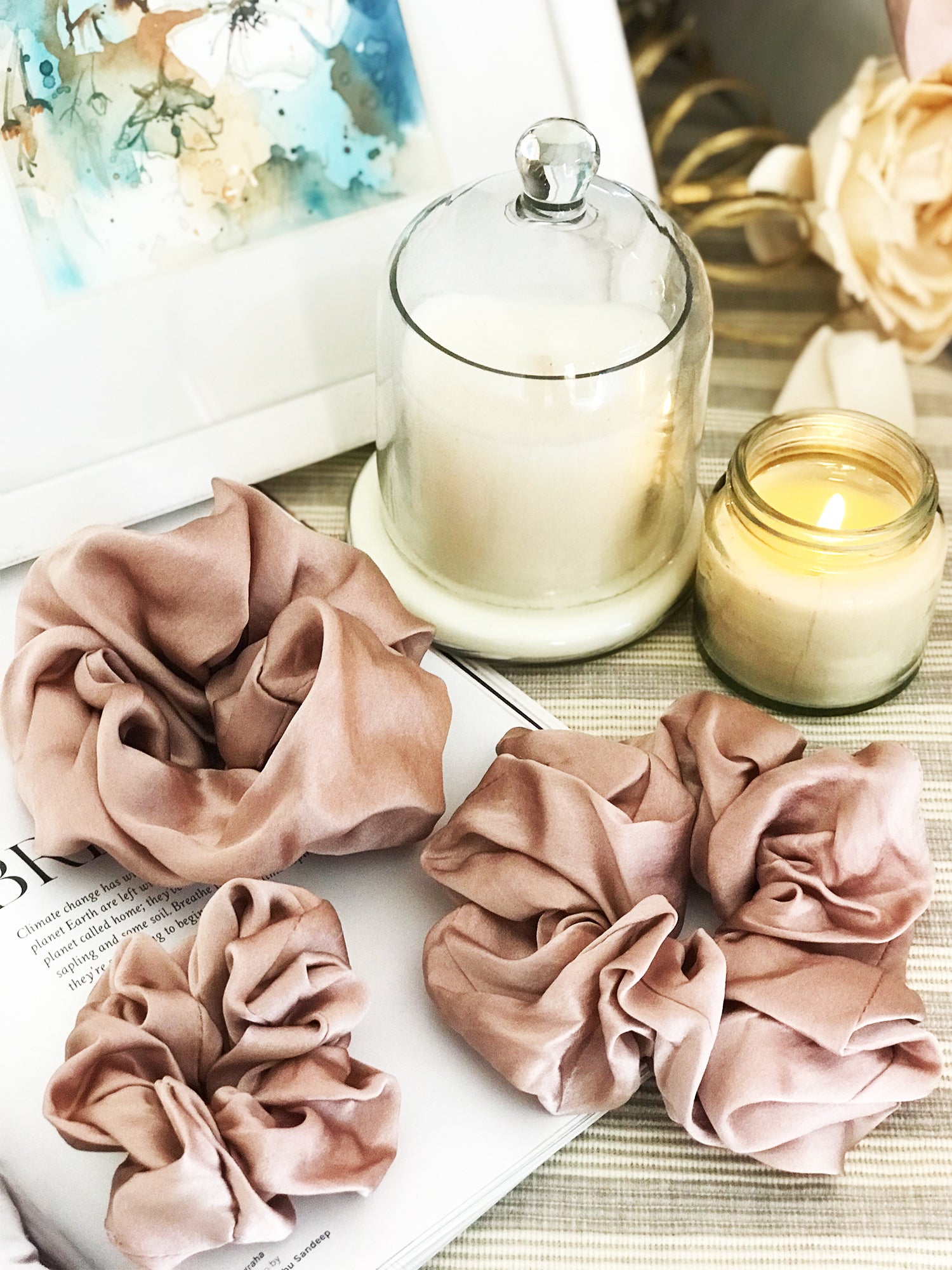  00 mulberry silk blush pink scrunchies set of  