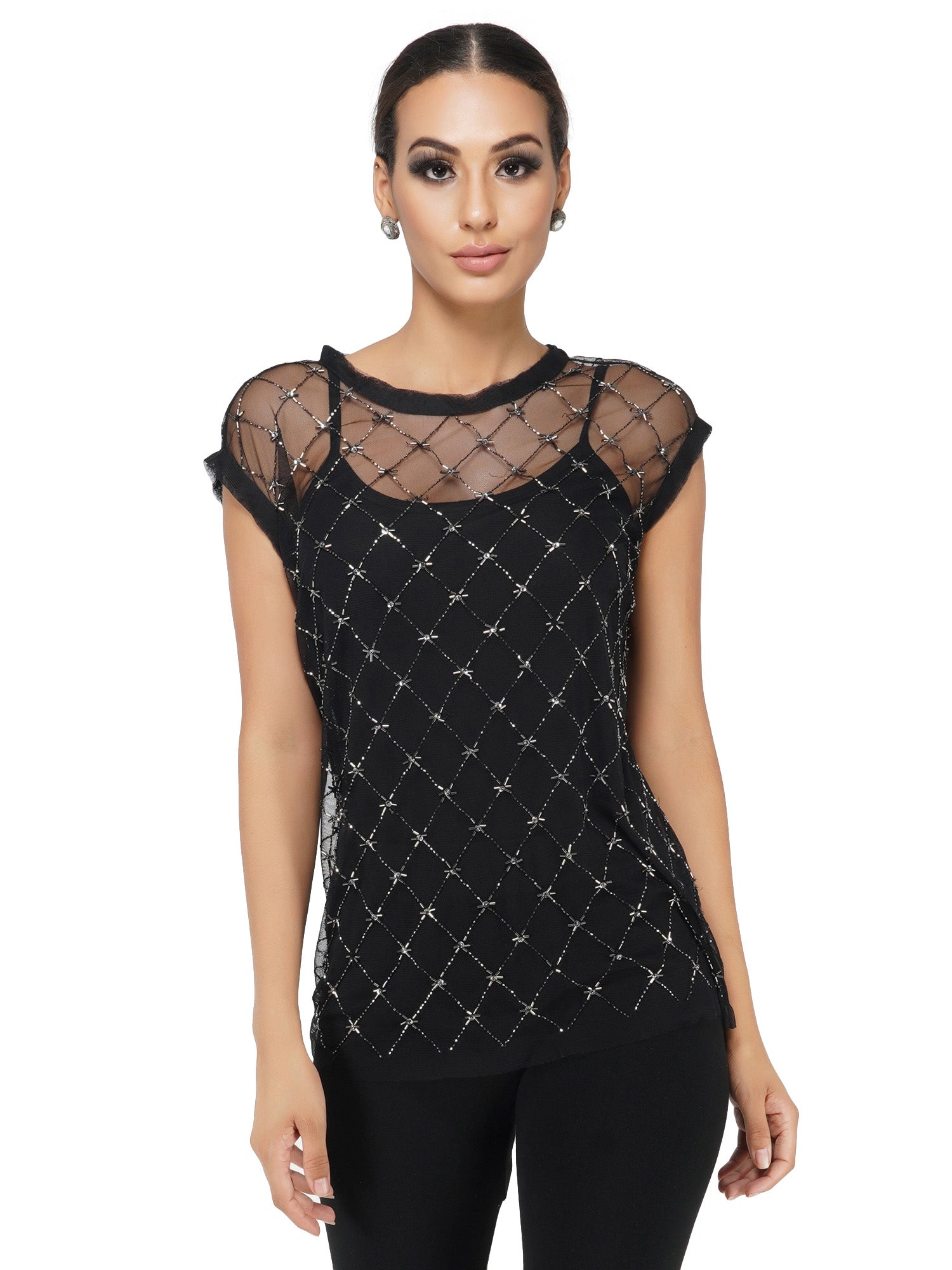 Attic Salt Beaded Grid Top With Camisole