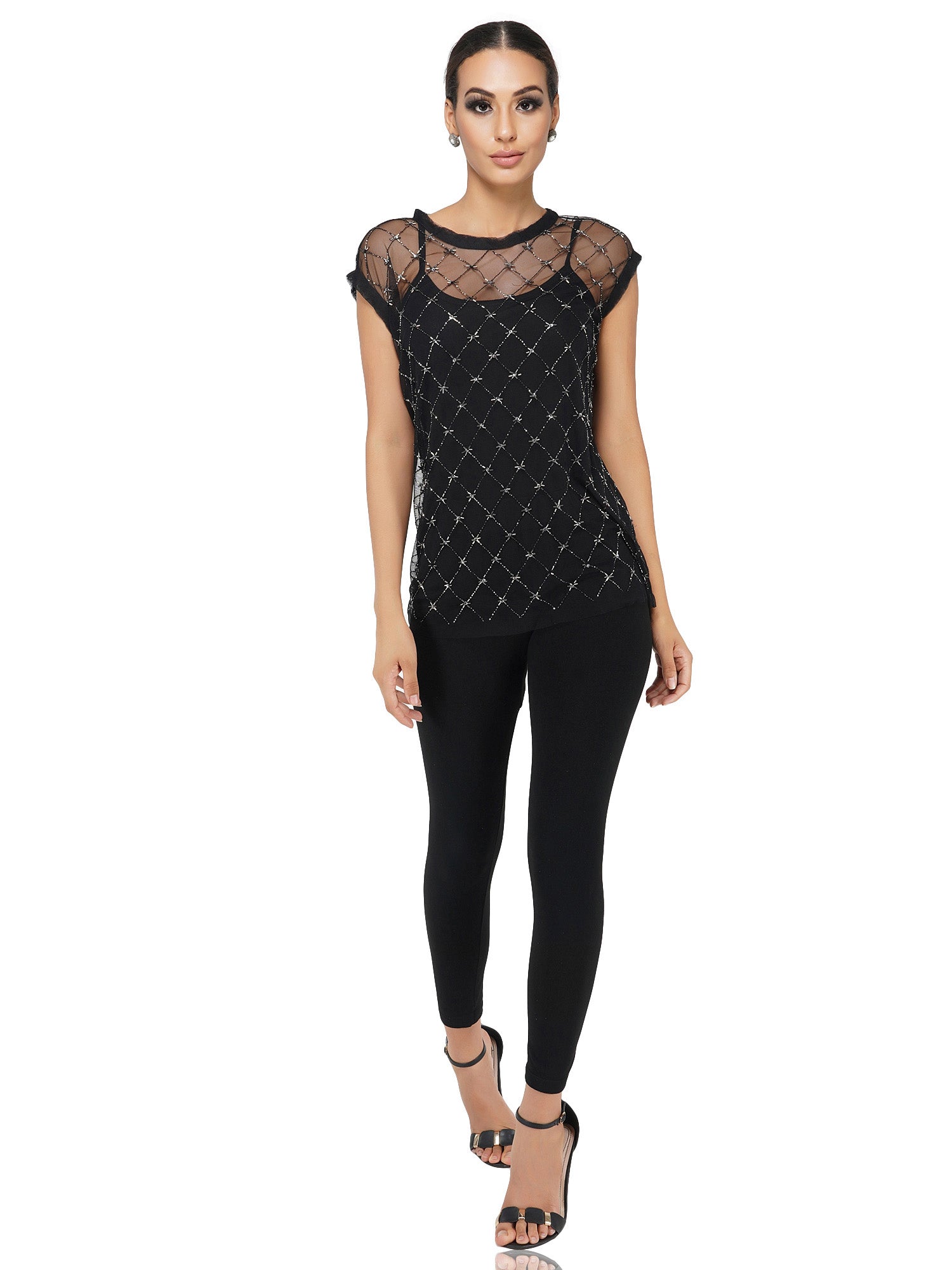 Attic Salt Beaded Grid Top With Camisole