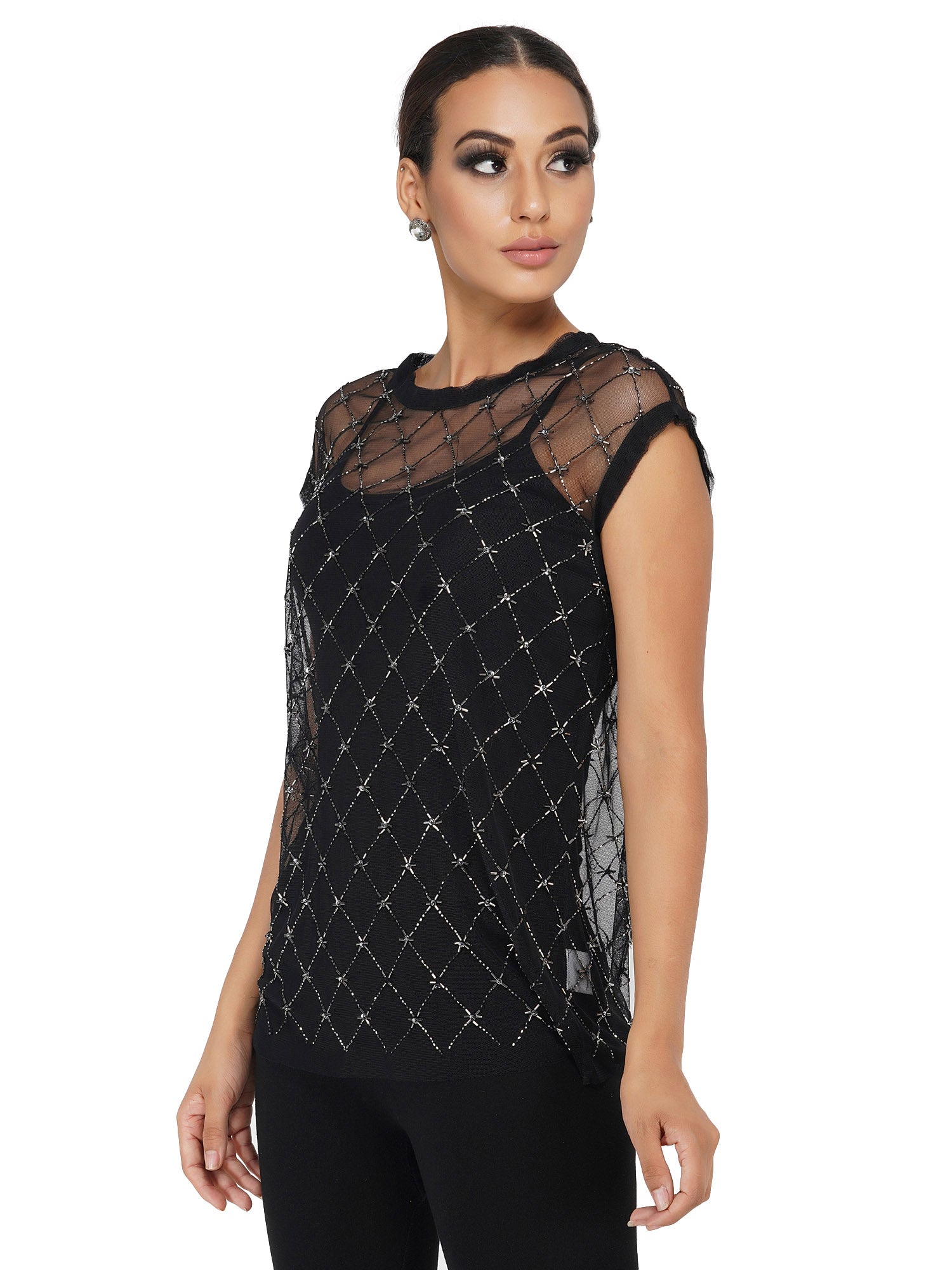 Attic Salt Beaded Grid Top With Camisole