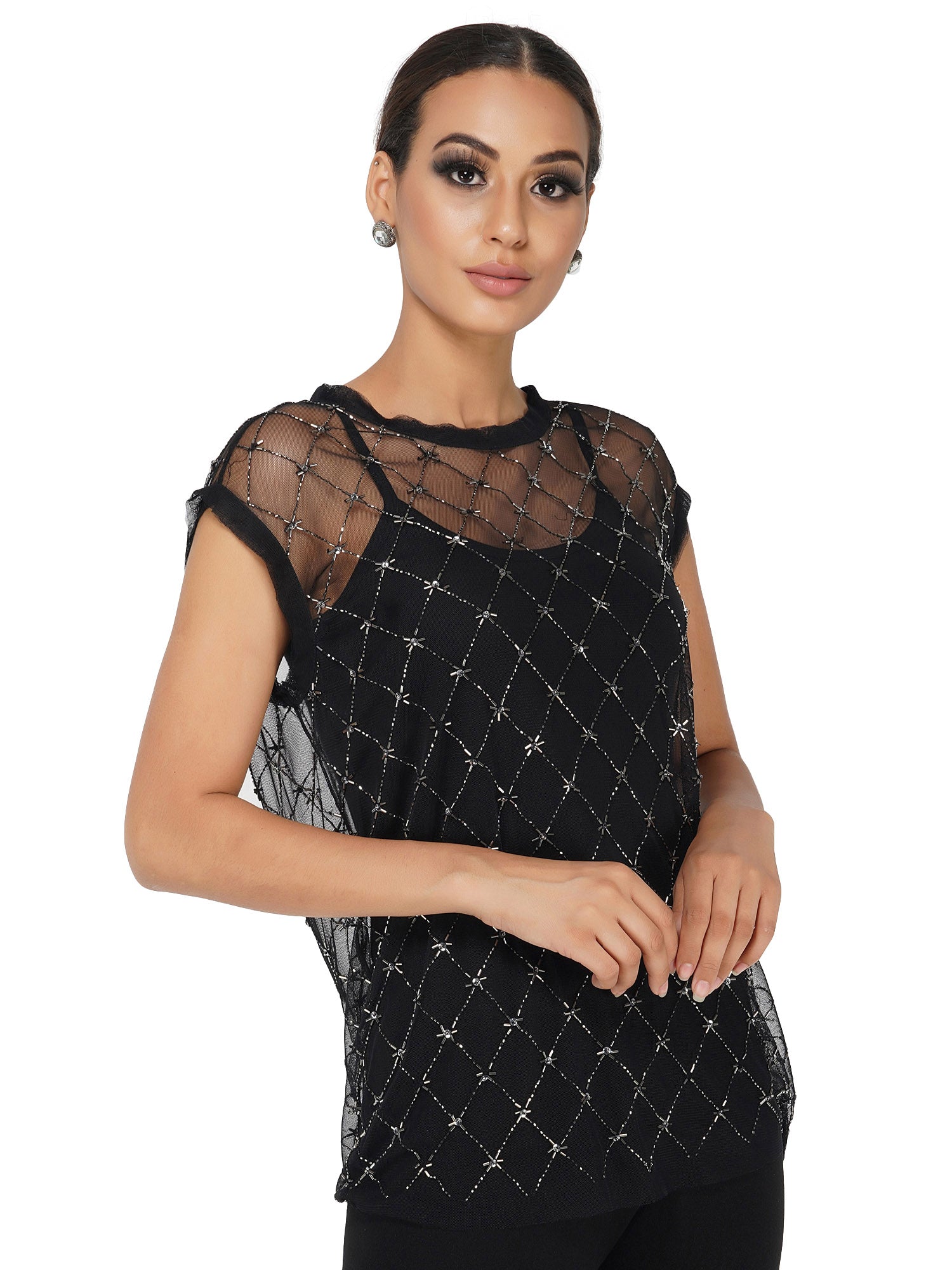 Attic Salt Beaded Grid Top With Camisole